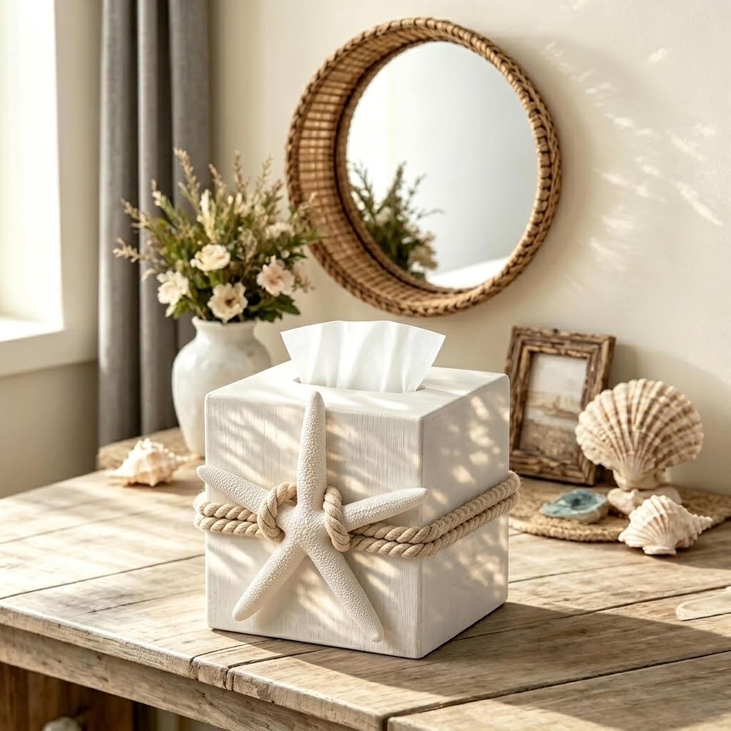 Starfish Tissue Box Cover, Beige Linen Square Tissue Holder with Detachable Starfish Ornament, Magnetic Bottom Design, Coastal Farmhouse Decor for Bathroom, Nightstand, Living Room & Office Desk image 2