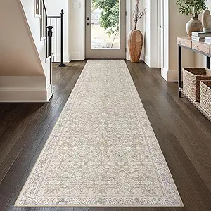 2.6x16 Cream Beige White Grey Washable Runner Rug for Kitchen, Soft Classic Runner with Non-Slip, Non-Shedding Distressed Floral Rug for Hallways Entryway Bedroom Laundry Indoor
