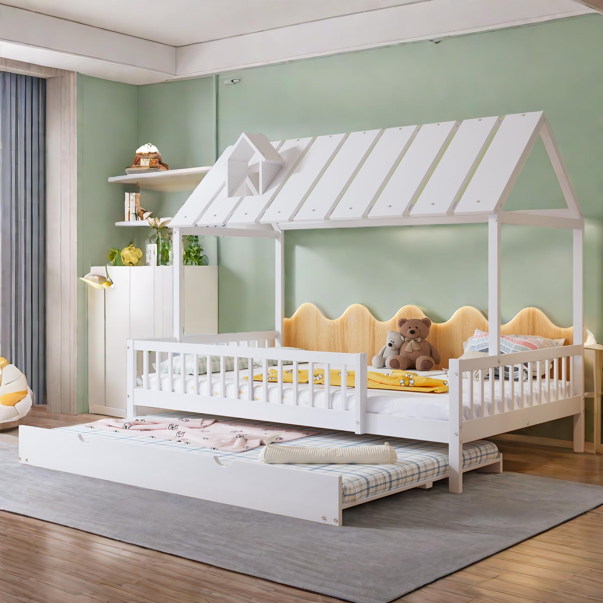 Sapgaks Cama cabaña infantil 120 x 200 con cama nido y litera infantil de 120 x 200 madera, cama entrepiso de 2 plazas con somier de láminas, con barrera, cama entrepiso con almacenamiento, pino + MDF