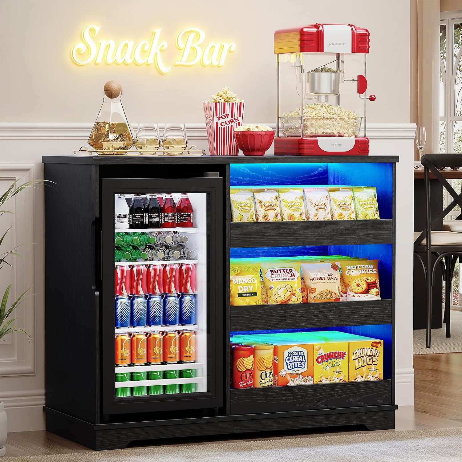 Snack Bar Cabinet with Fridge Included for Home Theater, Black