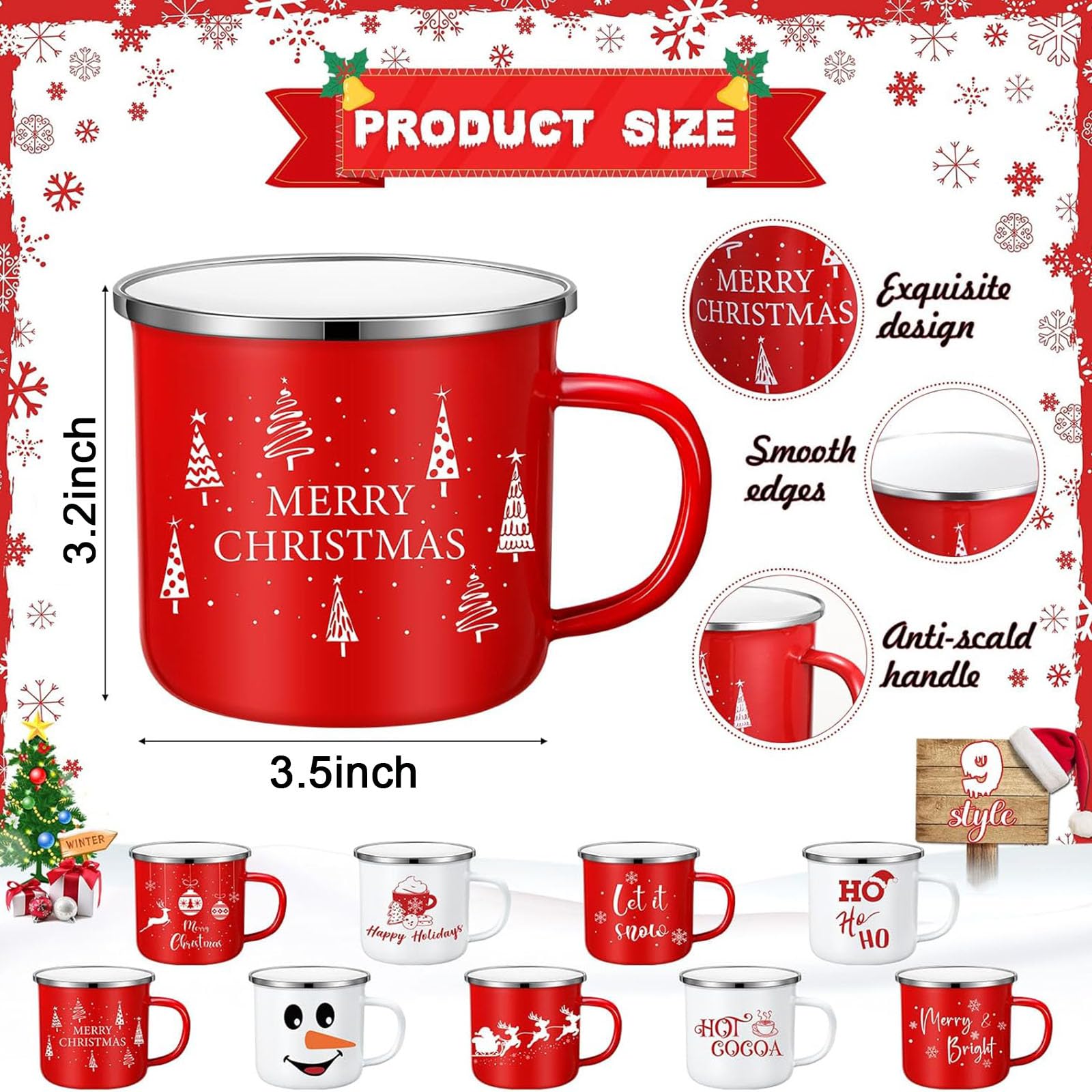 Zhehao Emaille-Tassen für den Winterurlaub, 325 ml, saisonale Frohe Weihnachten, heiße Schokolade, Kaffeetassen für Weihnachten, Kaffee, Tee, Damen, Kollegen, Geschenk (niedliches Design), 9 Stück