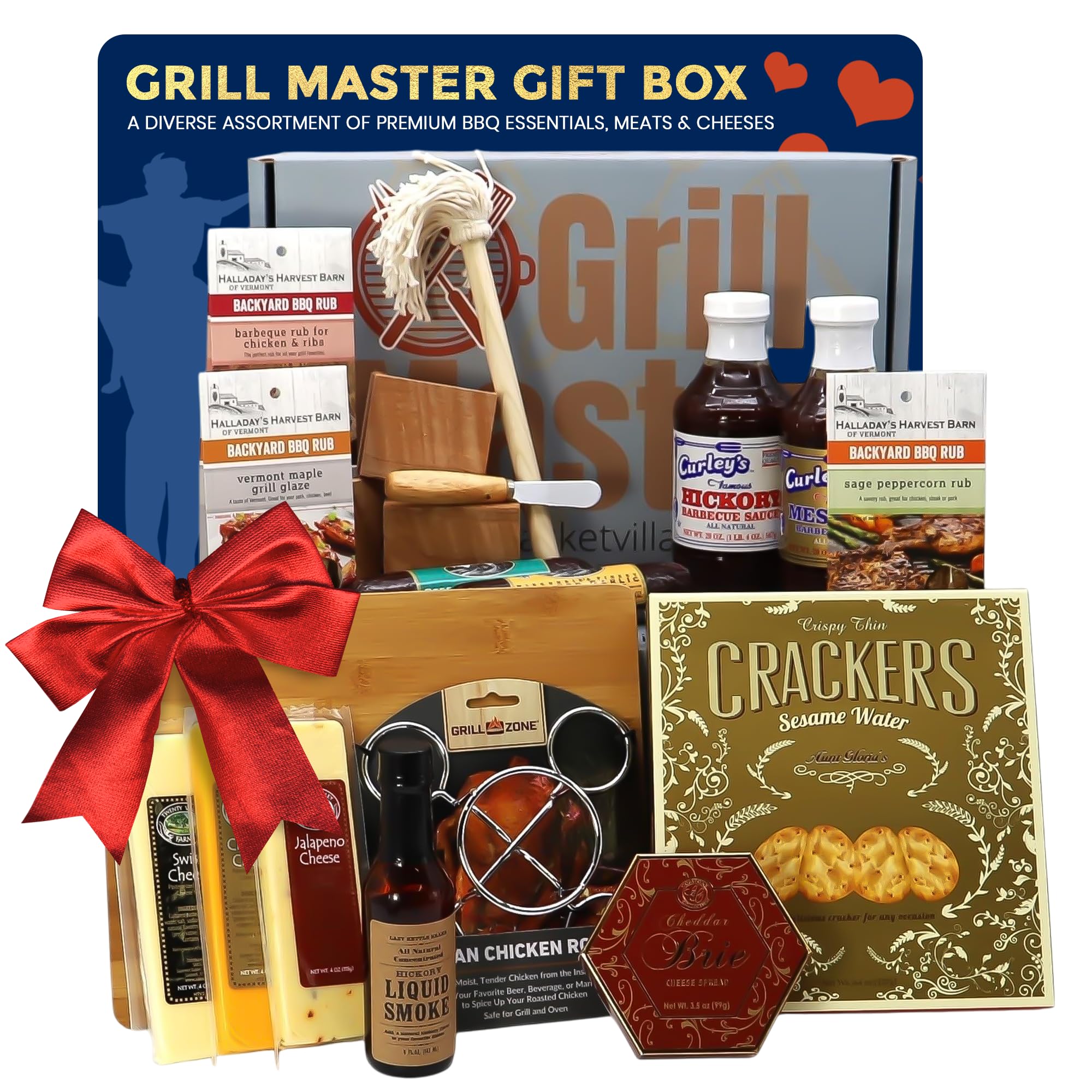 Gift Basket Village Grill Master Gift Box for Father's Day – Grilling Spices and Rubs Gift Set, BBQ seasoning gift set, Meats, Cheeses, BBQ Spice Set,