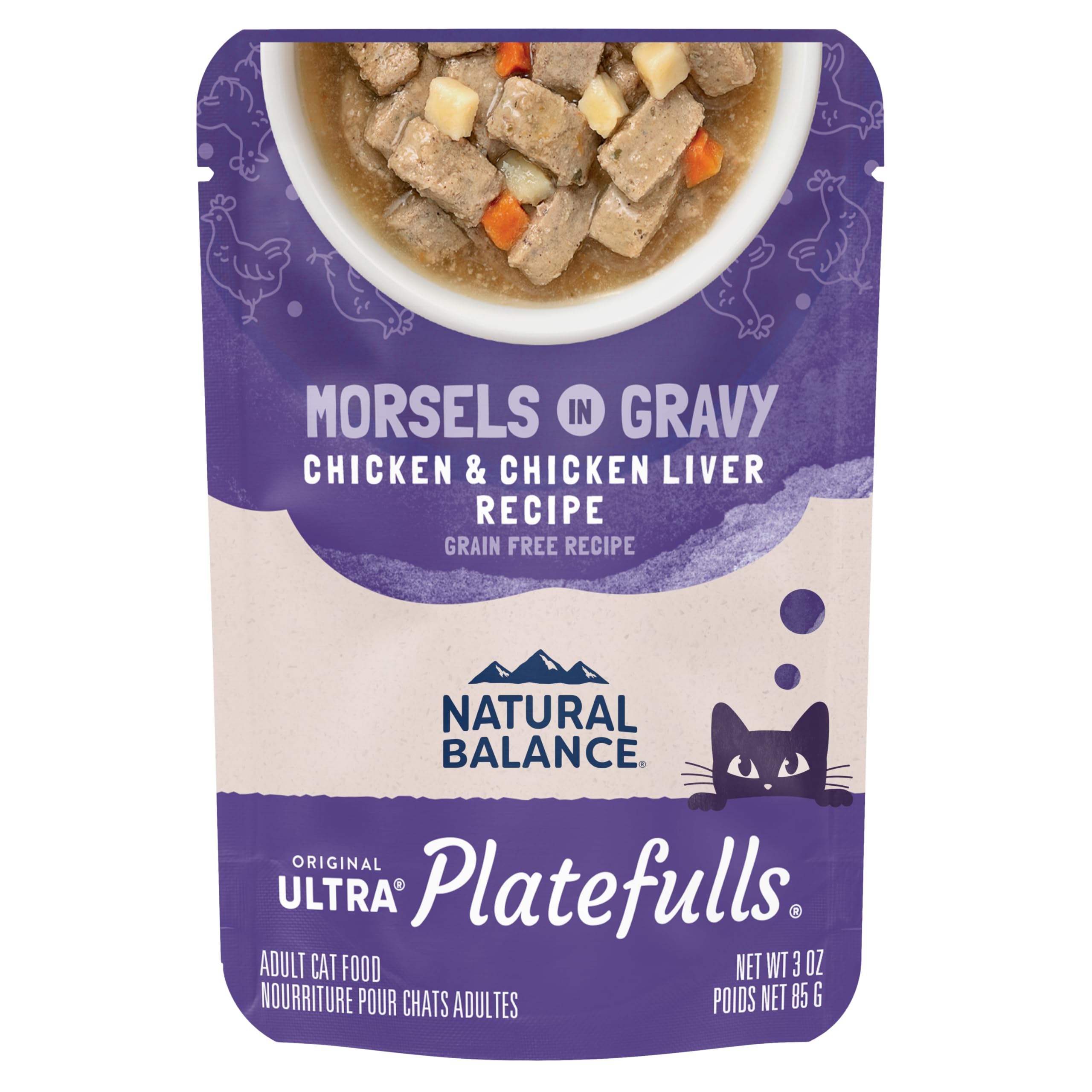 Natural Balance Original Ultra Platefulls Indoor Adult Grain Free Wet Cat Food, Chicken & Chicken Liver Recipe, 3 Ounce Pouch (Pack of 24)
