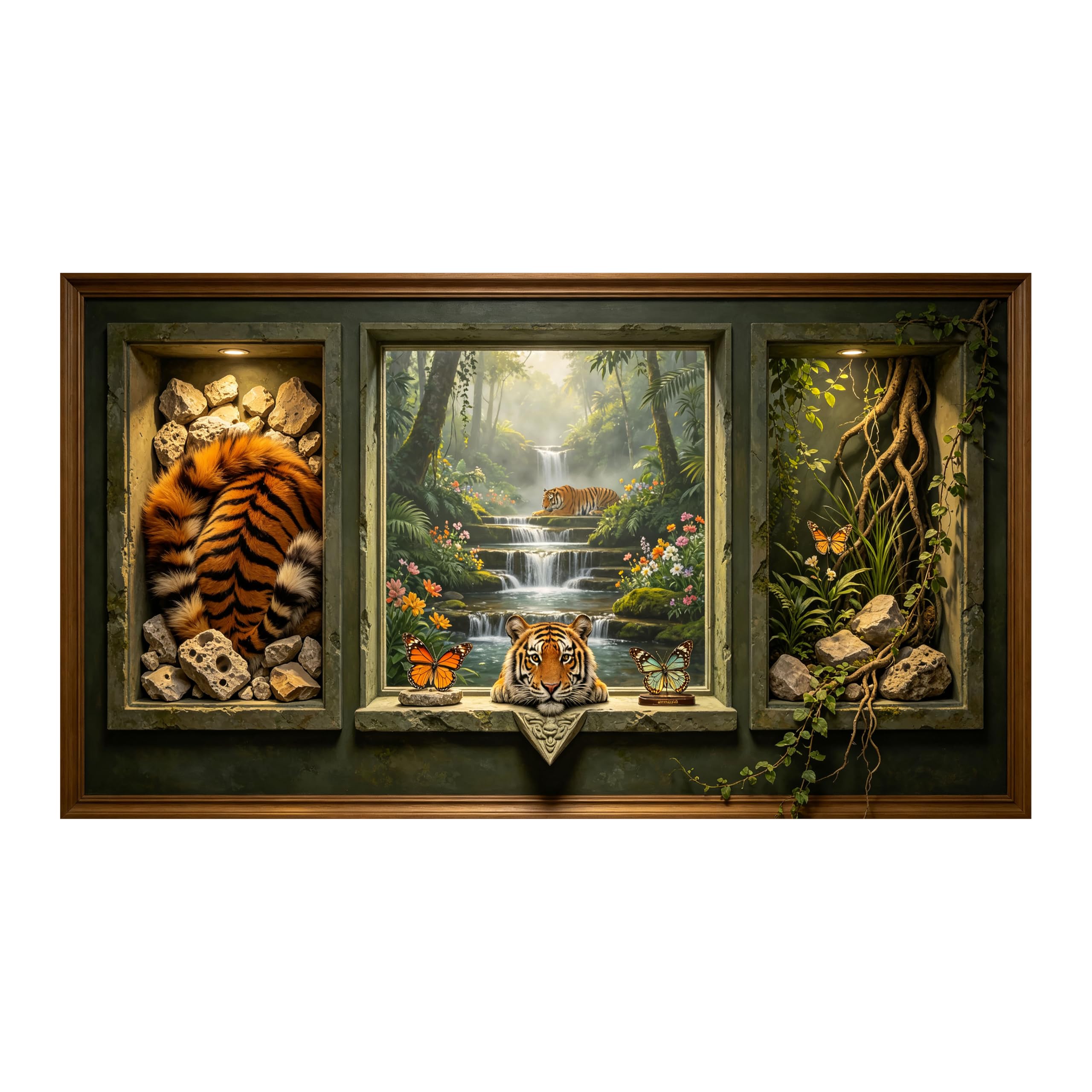 Yzpallescene 3D Framed Wall Art Tropical Tiger Waterfall Jungle Stereoscopic Large Size SelfAdhesive Removable Wall Decor Prints Artwork for Living Room Bedroom Office