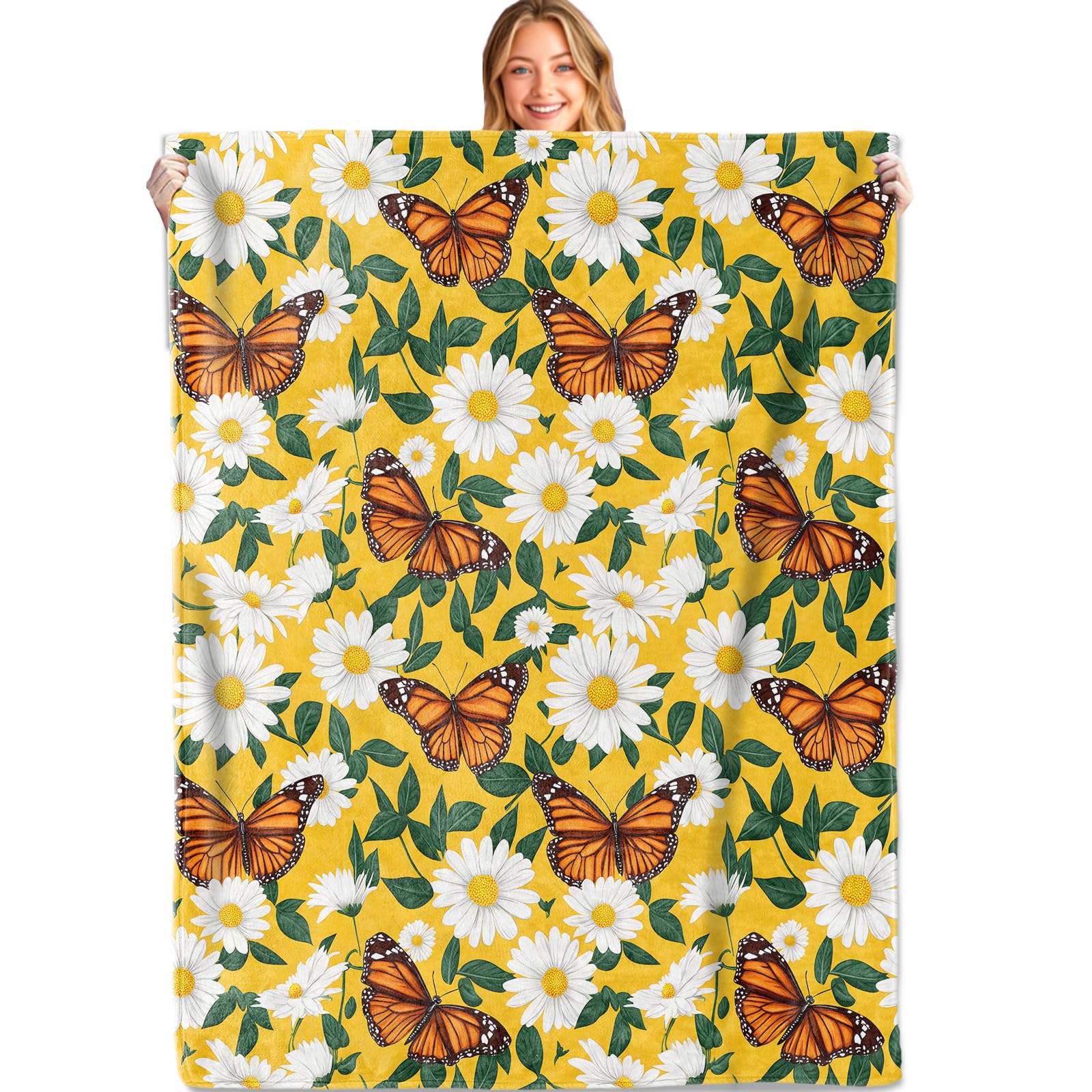 MIEPOS Butterfly Throw Blanket,60x80in,Soft,Lightweight Flannel,Bright Monarch Daisy Yellow Blankets - Gifts for Kids Women,for Couch Office Travel,