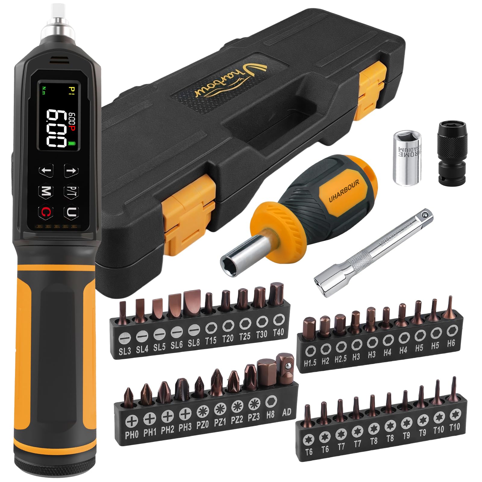 Uharbour Digital Torque Screwdriver 0.09-6Nm, Torque Screwdriver Set with 1/4" Elastic Bit Holder, Extension Rod, Flat, Hex, Torx and Philips Bits,