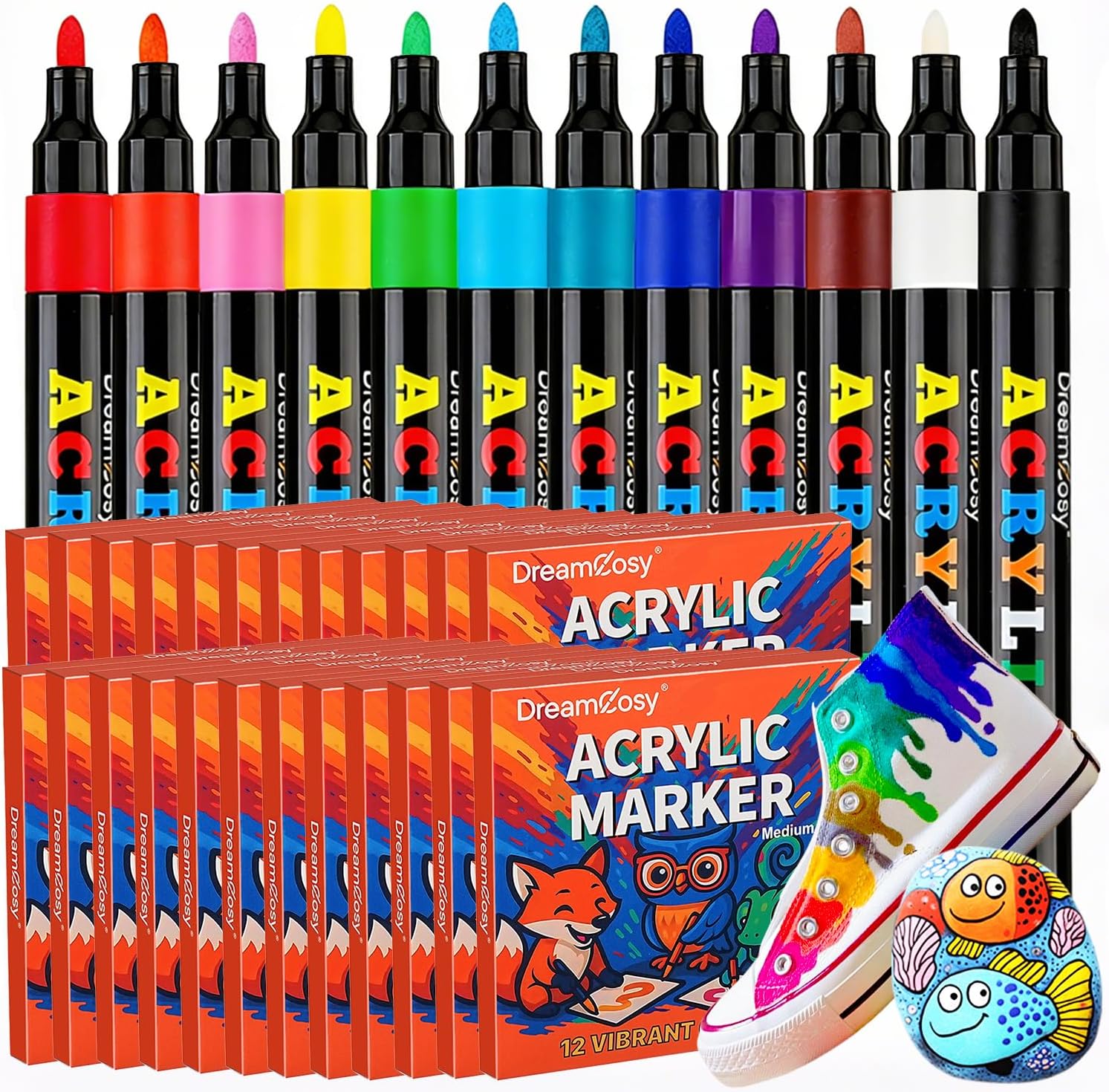 Acrylic Paint Markers, 288 Pack with 12 Colors Medium Tip Acrylic Paint Pens for Painting on Rocks, Canvas, Ceramic, Wood, Glass for Artists and Adults, DIY, Holiday Decorations & Art Supplies