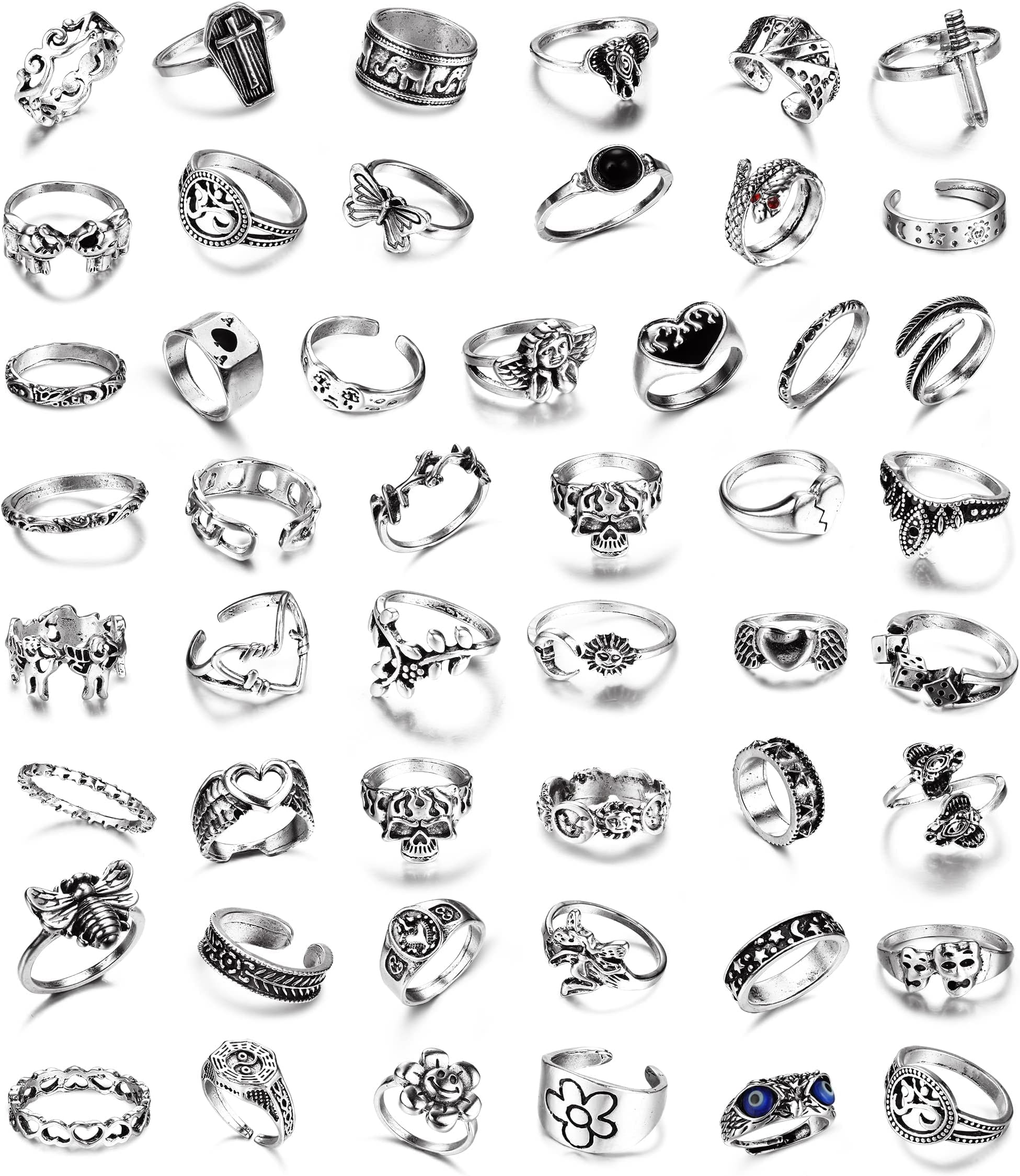 49pcs Vintage Silver Punk Rings Knuckle Rings Set for Men Women Snake Cross Flower Big Rings Open Adjustable Goth Punk Hip Hop, Silver, No Gemstone