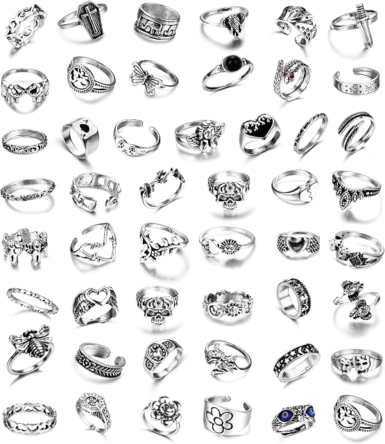MILACOLATO 49PCS Vintage Silver Punk Rings Knuckle Rings Set for Men Women Snake Cross Flower Chunky Rings Open Adjustable Goth Punk Hip Hop Cool Midi Stackable Rings Pack