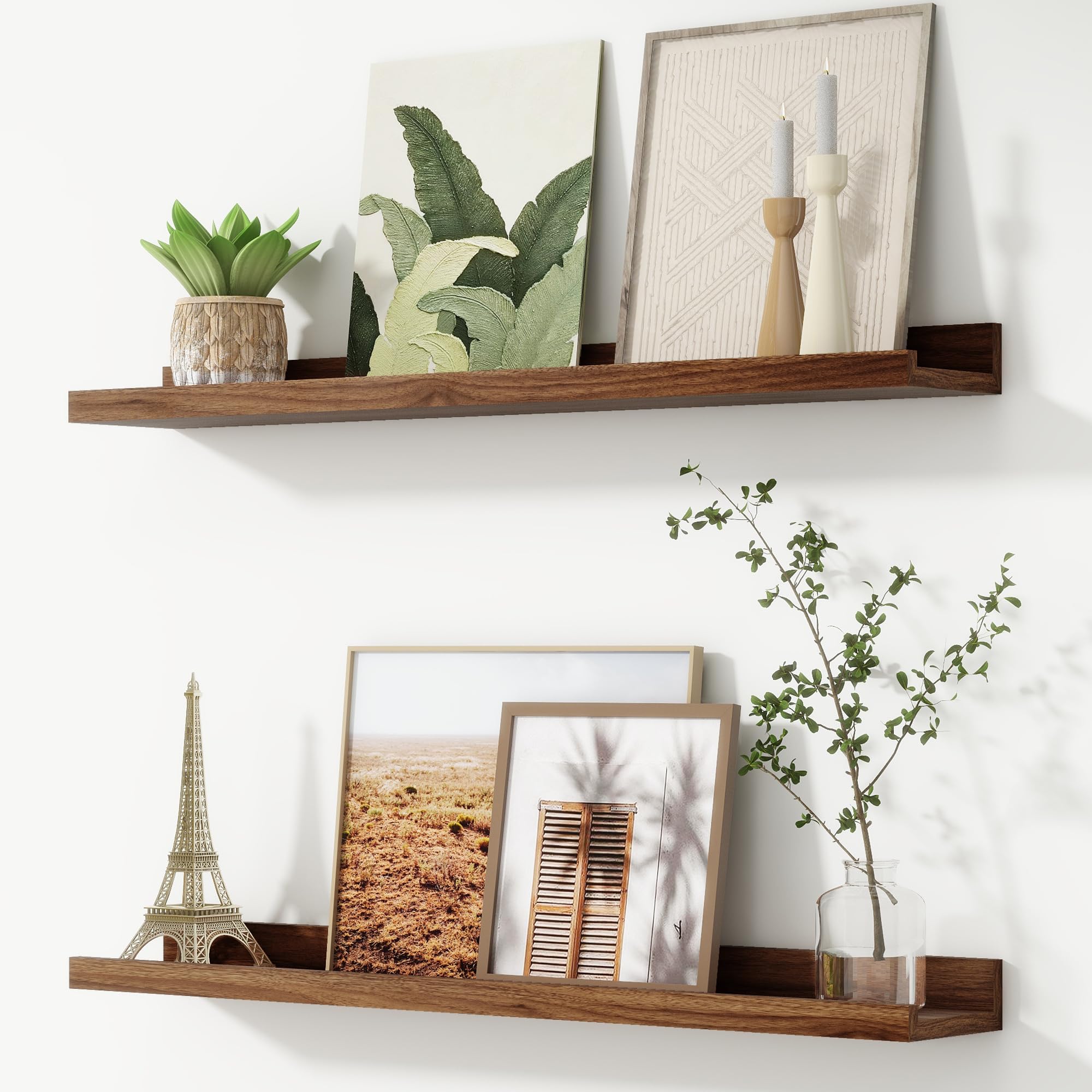 FLYJOE 80 cm Floating Shelves, Picture Ledge Shelf, Nursery Book Shelves for Toys Storage, Kids Bookshelf Wall Mounted for Living Room Bedroom Decor Books Photo Frames, Walnut, Set of 2