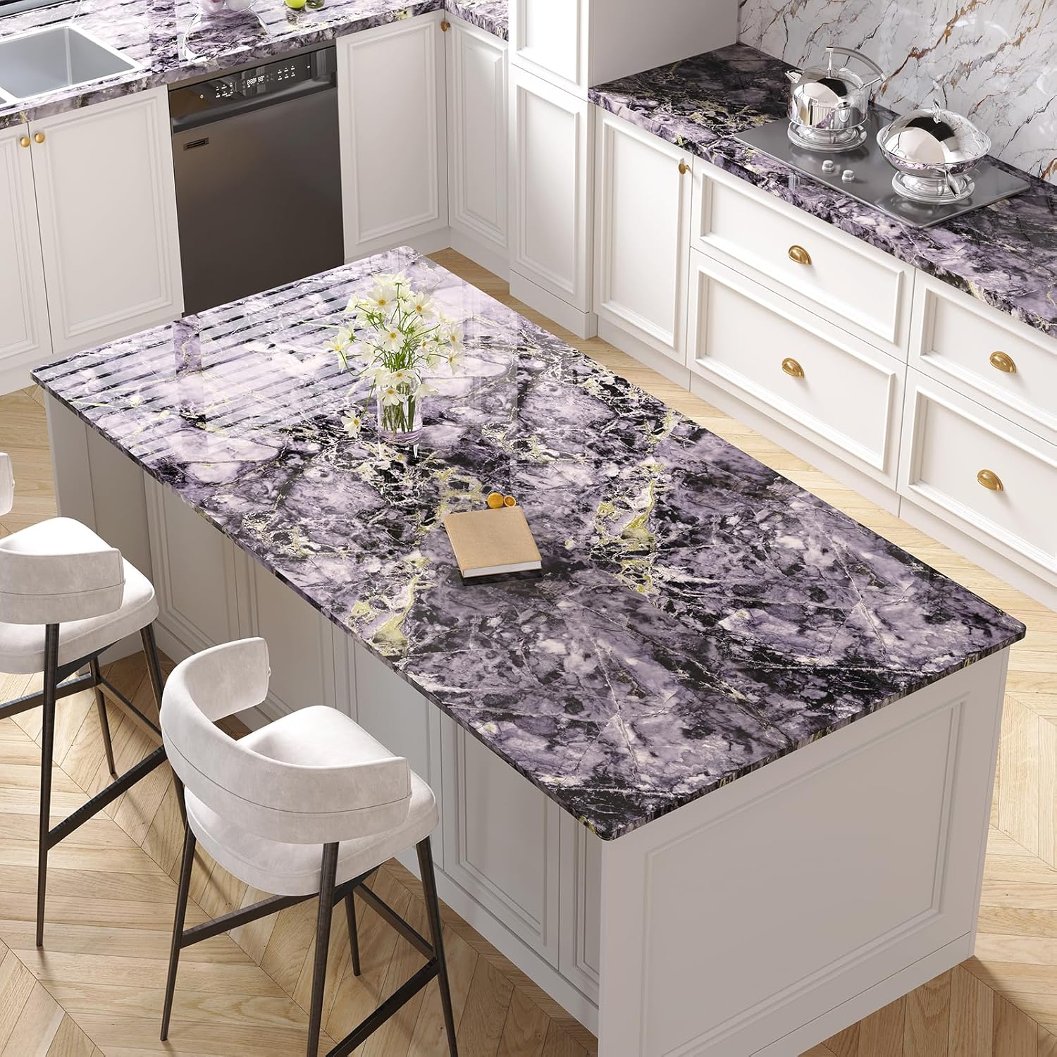 Glossy Purple Gold Marble Contact Paper Peel and Stick Countetops Waterproof Marble Wallpaper for Bathroom Desk Dresser Wall 15.7"x160" Self Adhesive Purple Wallpaper Kitchen Removable Vinyl