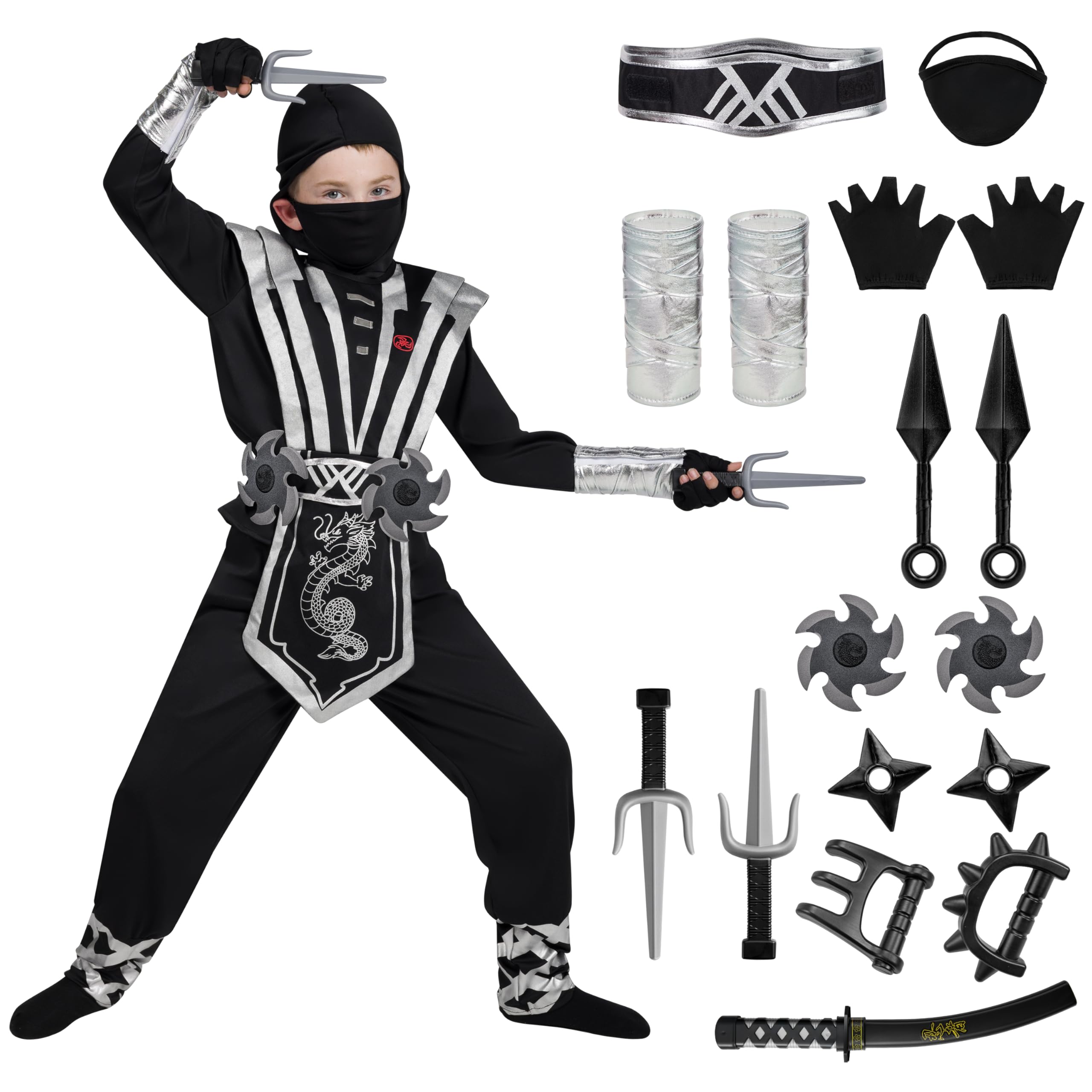 Spooktacular Creations Ninja Costume kids, Silver Ninja Deluxe Fancy Dress Costume Set with Foam Accessories Toys for Kids Kung Fu Outfit Halloween Ideas