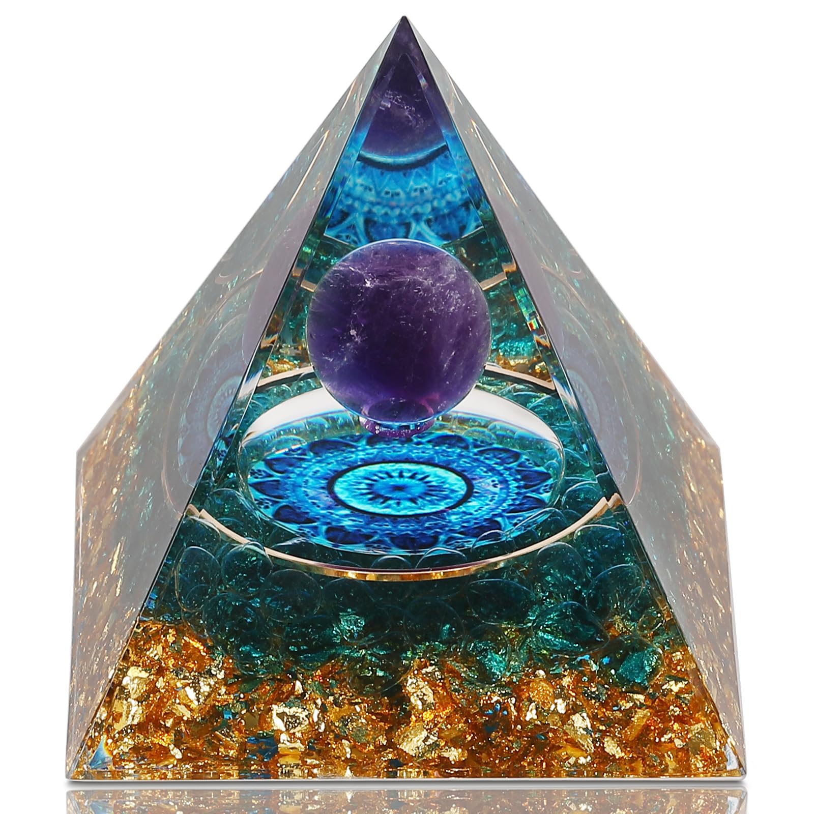Orgone Pyramid, Orgonite Pyramids with Amethyst Stones, Orgone Generator for Positive Energy, Natural Crystal and Healing Stones Pyramid for Reduce Stress, Meditation,Yoga,Office, Desk Decor(Mandala)