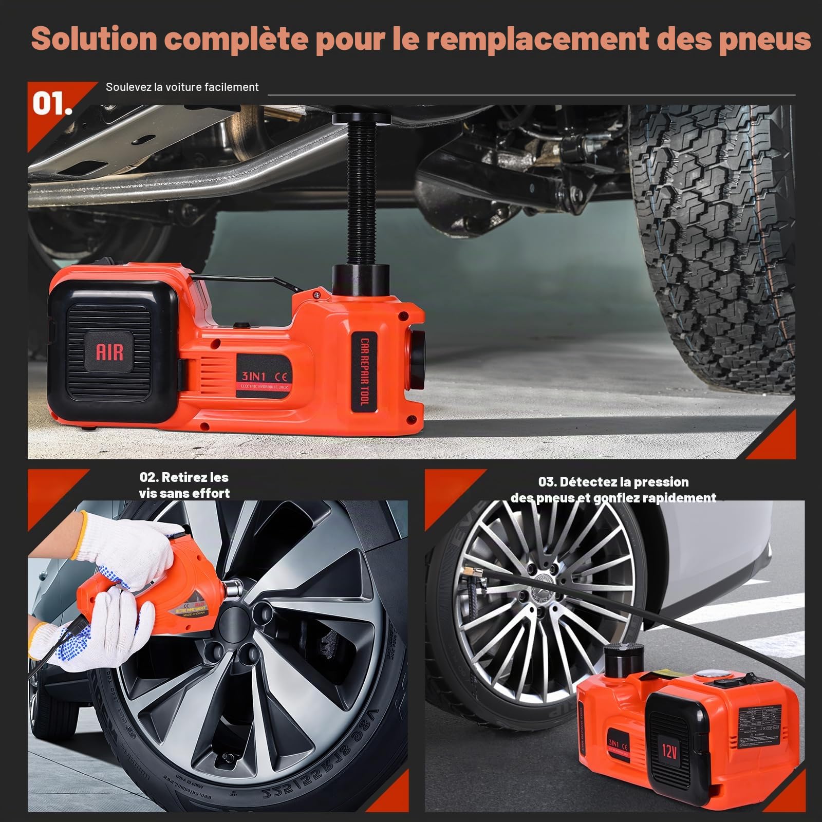 Cric hydraulique électrique avec visseuse à percussion, compresseur d'air et mallette de transport – Capacité 5 T, 150-530 mm, lumières LED, fonctionnement 12 V/CC pour le changement de pneus