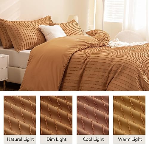 Miniatura 8 de JELLYMONI - Juego de funda de edredón de microfibra tamaño individual color naranja oscuro de 3 piezas, reversible, textura capitoné a rayas