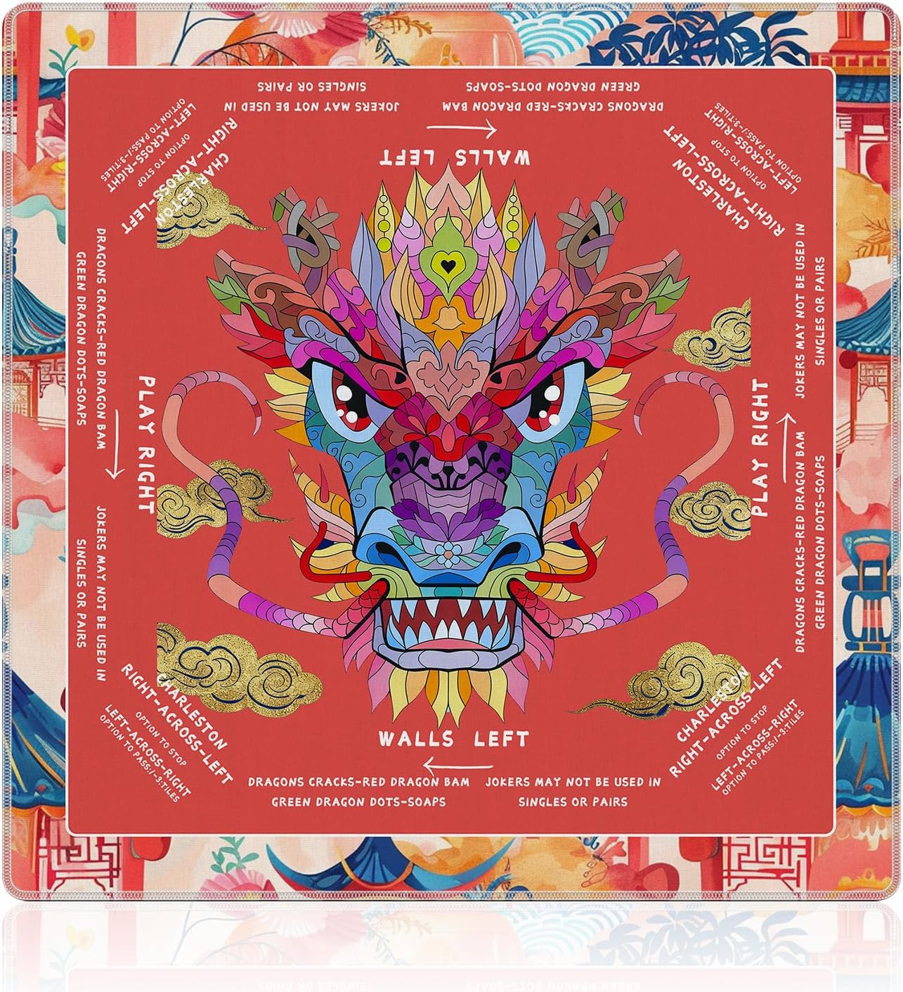 NATSUNO Elegant Red Chinese Dragon Mahjong Mat 21.5x21.5inch | Traditional Oriental Chinoiserie Anti-Slip Noise-Reducing Mahjong Mat for Table Board, Games Tile Games, Poker and Cards