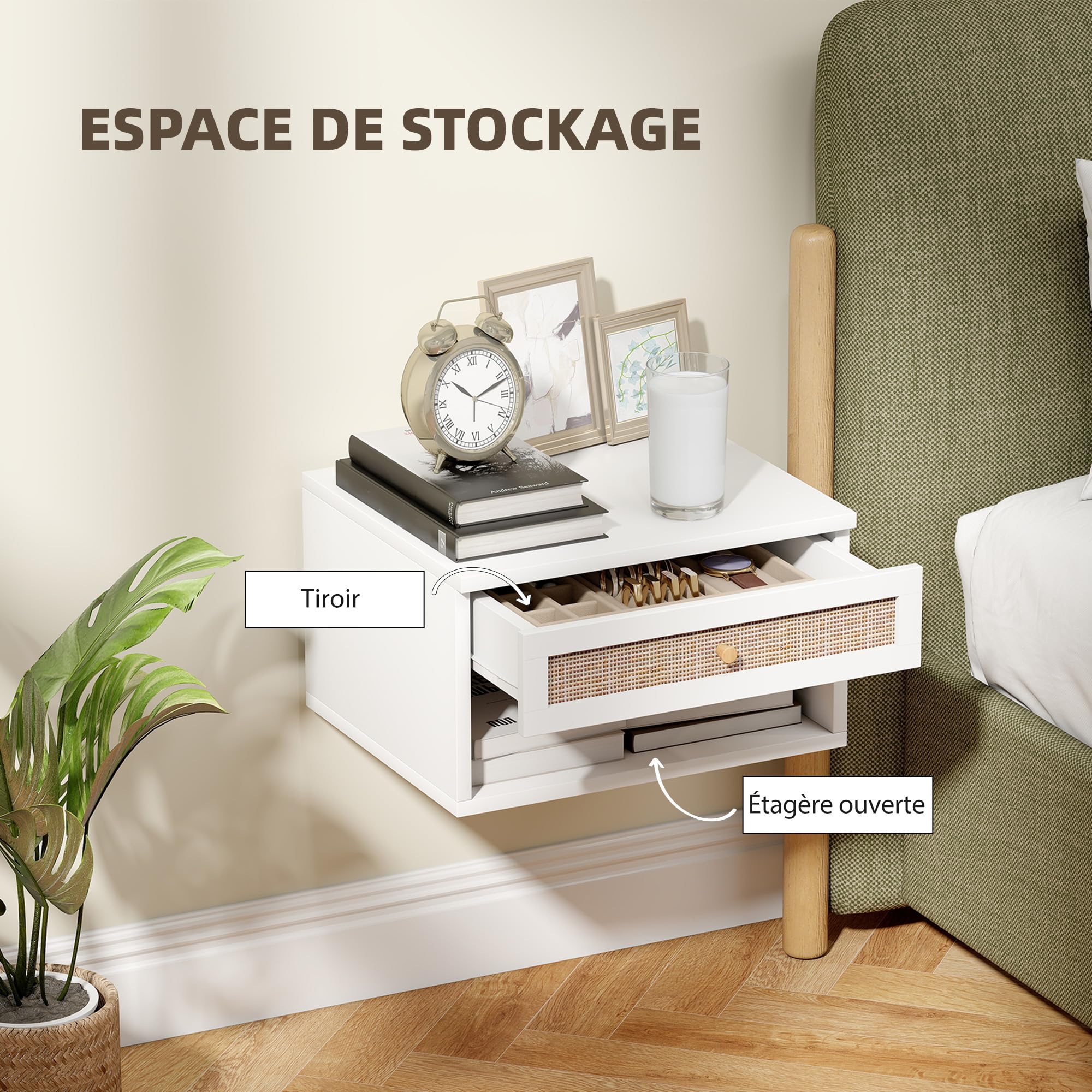 HOMCOM Set di 2 Comodini da Parete in Legno 40x34x23 cm | Comodino sospeso, cassetto scorrevole, ripiano, frontale in rattan intrecciato