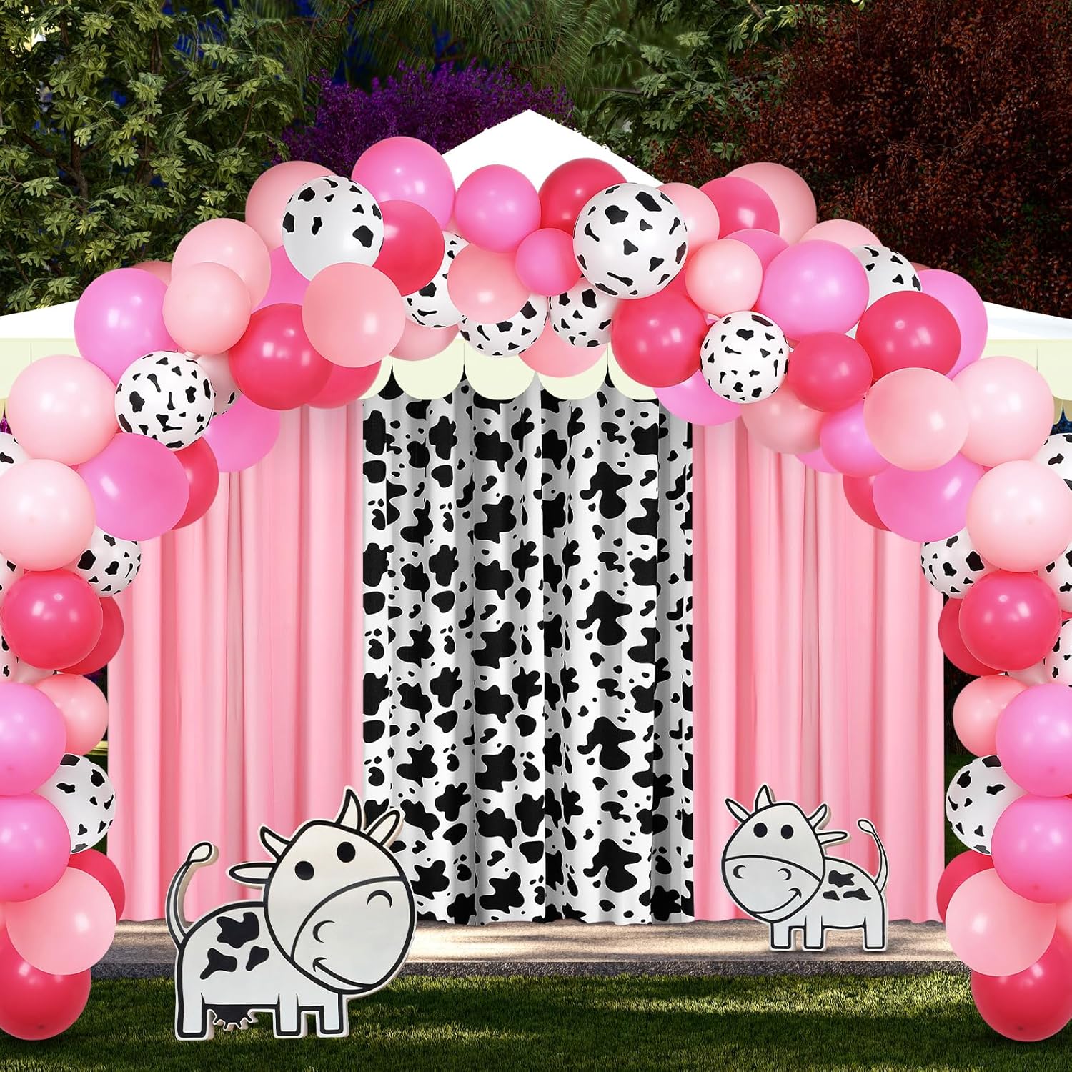 SmoothNovelty 57 Pcs Western Cowgirl Party Decorations 2 Pink and 1 Cow Chiffon Backdrop Curtains 50 Cow Theme Balloons with Accessories for Farm Animal Cow Theme Birthday Party Photo Supplies