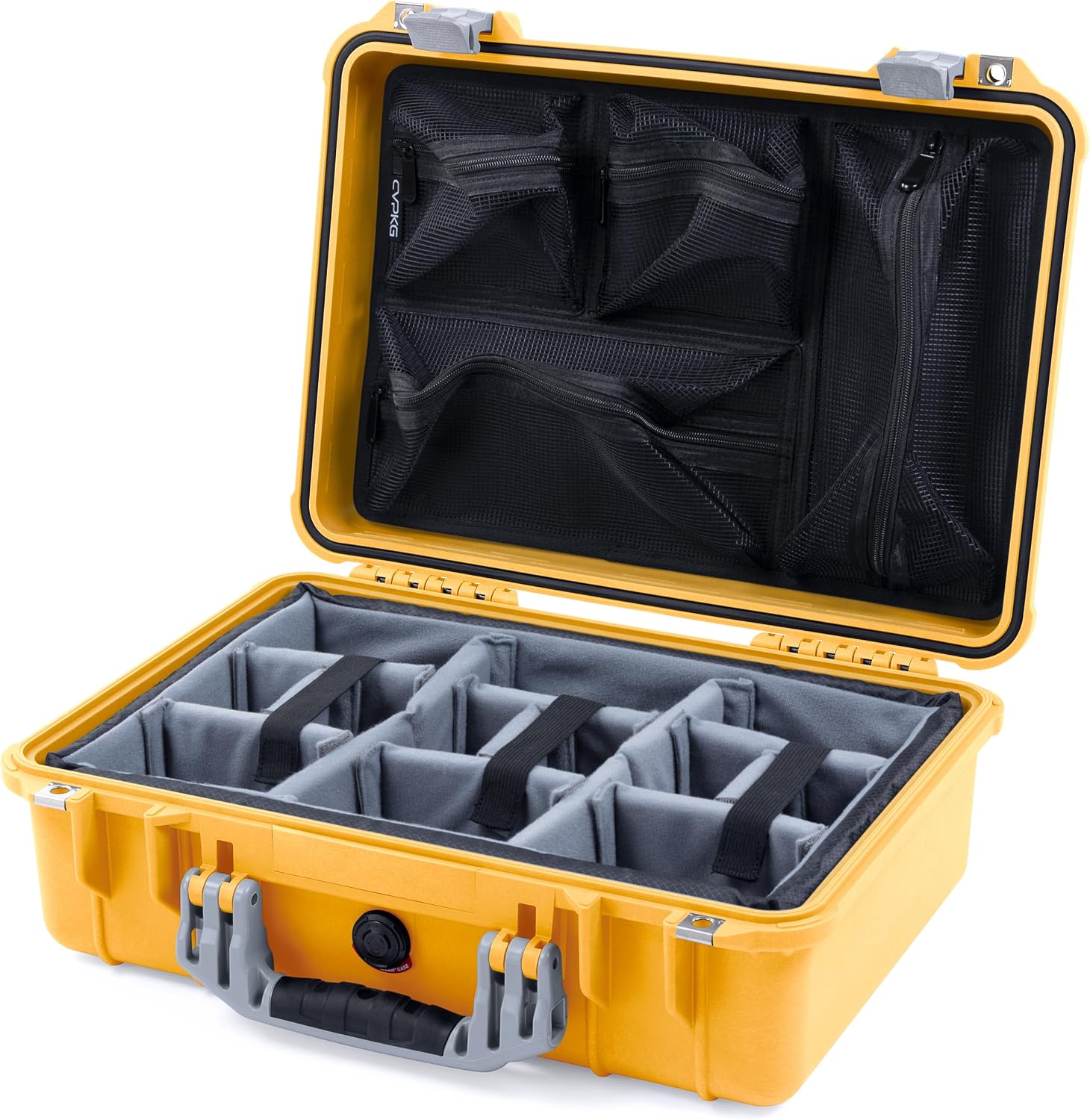ColorCase Pelican 1500 Case Yellow - Medium Size Waterproof Case with Gray Divider & Mesh Lid Organizer - OD Green Handles & Latches