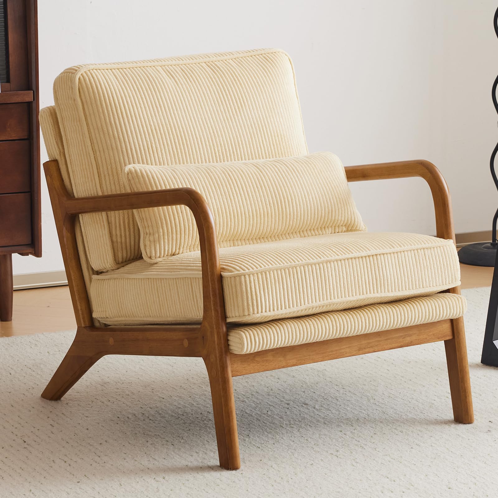 Bonnlo Accent Chair, Soild Wood Padding Lounge Armchairs, Occasional Reading Chair with Cushions and Lumbar Pillow, Armchairs for Living Room, Bedroom, Guest Room, Corduroy, Dark Beige โ image 1