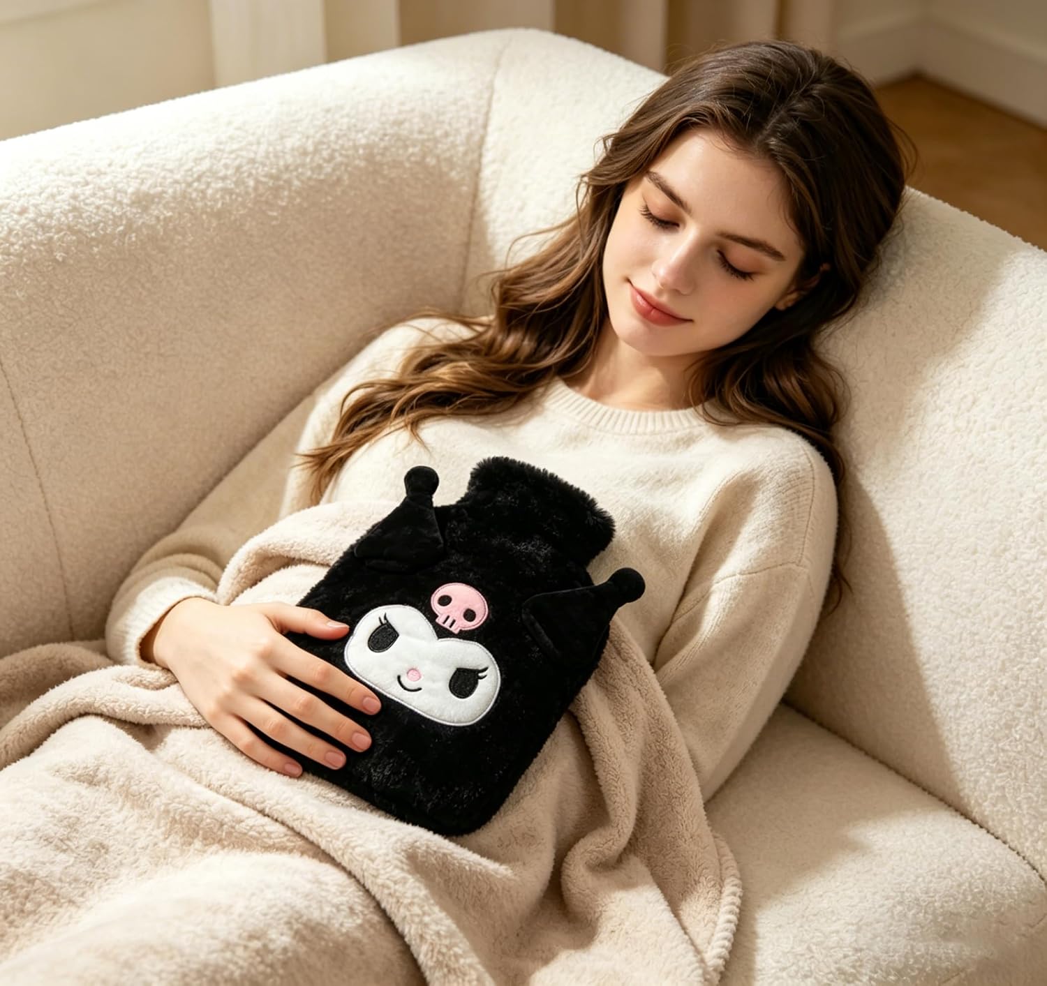 Roffatide Cartoon Kuromi Hot Water Bottle Hand Foot Warmer 1L Hot Water Bag and Cold Compress with Cute Anime Character Plush Cover Pain Relief with Cute Faux Fur Cover