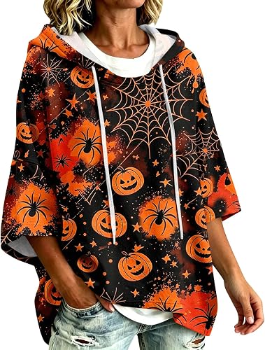 Halloween Pullover 3/4 Sleeve Hoodie for Women Loose Cute Pu