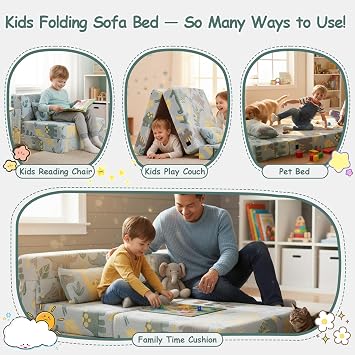 Kids Sofa Bed, Toddler Floor Mattress Glow in The Dark, Baby Modular Blue Dinosaur Couch, Fold Up Children Sofa Convertible Futon Folding Mattress Chair Bed for Playroom, Green Dinosaur