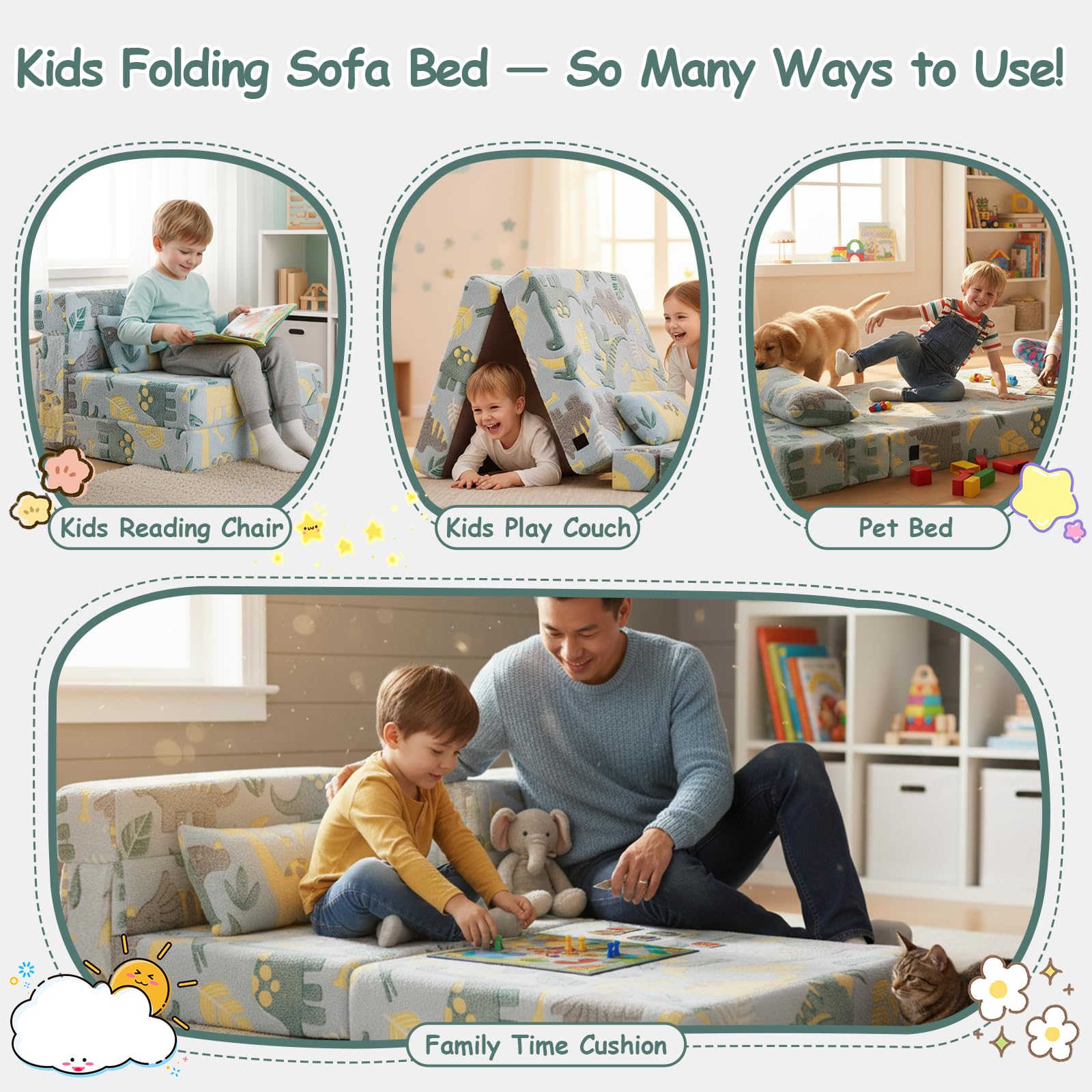 Canapé-lit pour enfants, matelas de sol phosphorescent, canapé modulaire bleu pour bébé, canapé pliable pour enfants, futon convertible, matelas pliable pour salle de jeux, dinosaure vert