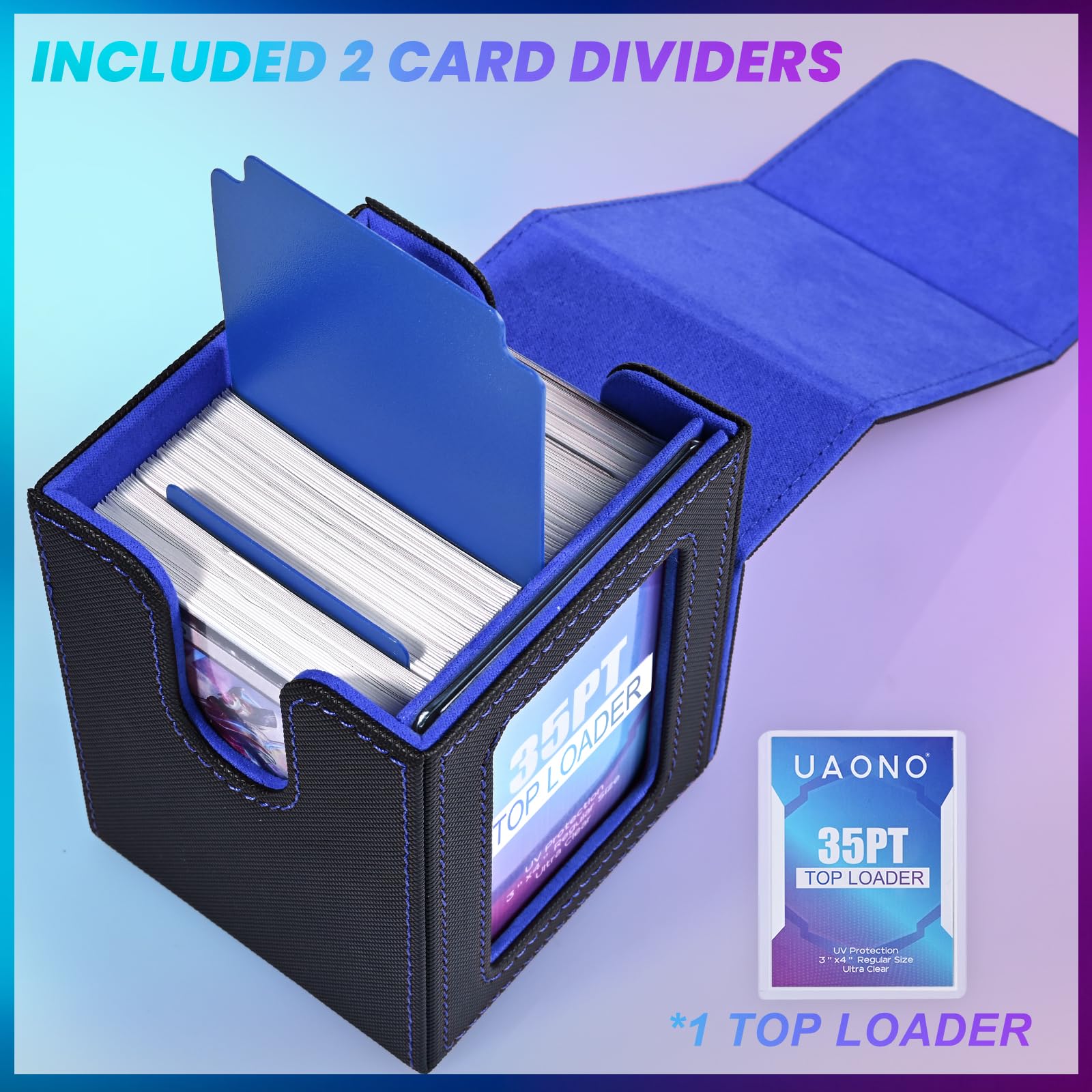 UAONO Caja de cartas con pantalla MTG Commander, funda para más de 100 tarjetas de doble manga, caja de almacenamiento de tarjetas coleccionables para TCG/PTCG/Sports con 2 divisores, 1 cargador