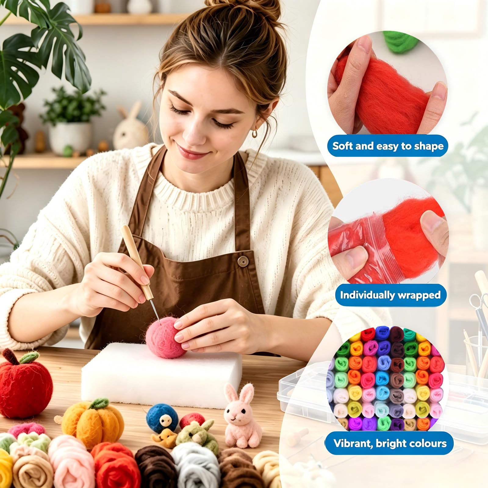 Kit de Feutre 72 Couleurs Laine Cardée – Avec Boîte, Aiguilles, Ciseaux, Dé à Coudre – Laine à Feutrer Set 72 Couleurs pour Feutrage à Sec et Mouillé – Jouet DIY, Bijou, Décoration