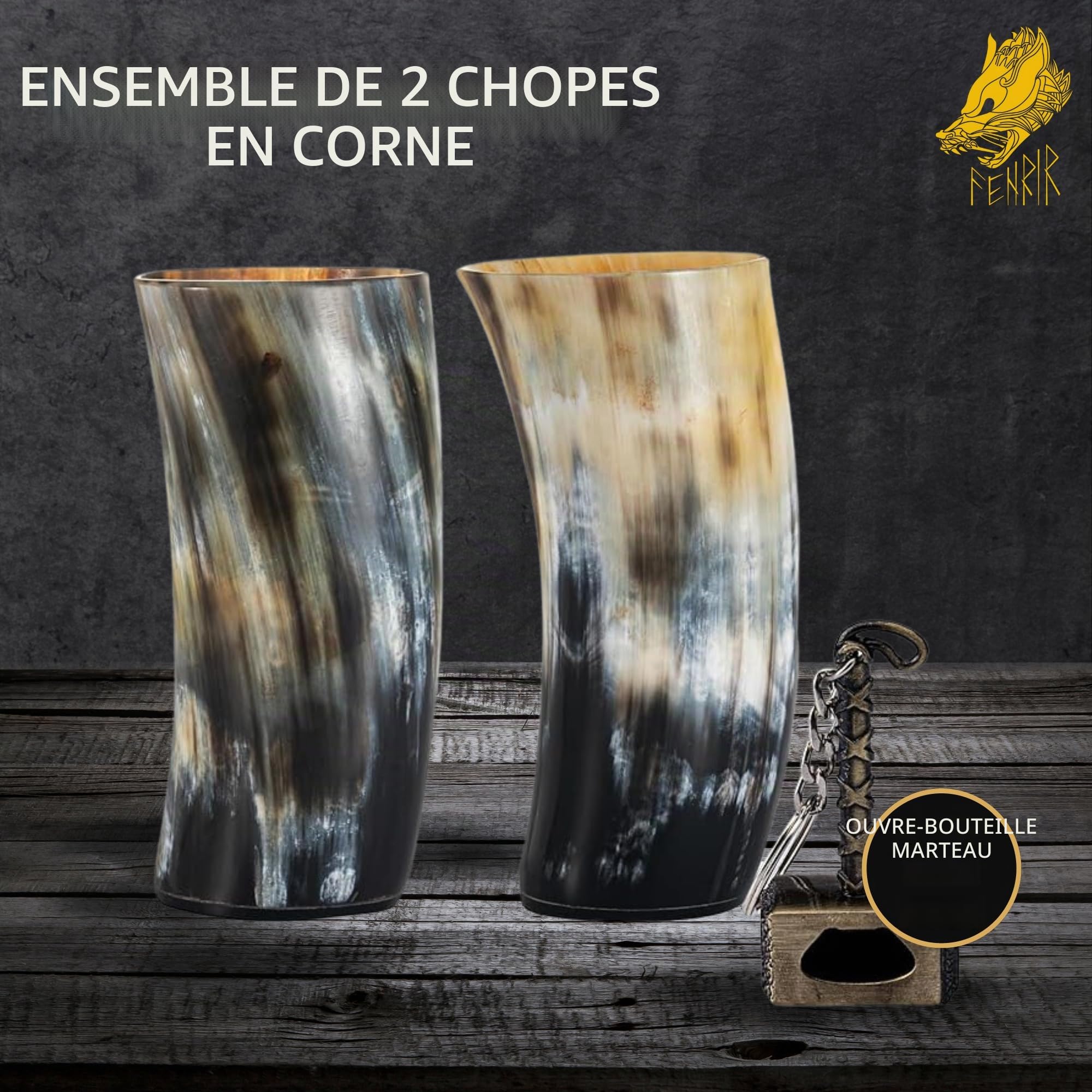 FENRIR Lot de 2 Tasses Viking en Corne à Boire | Cadeaux pour Homme et Femme | Décapsuleur | Parfaite pour la Bière, l'Hydromel et le Whisky | 100%