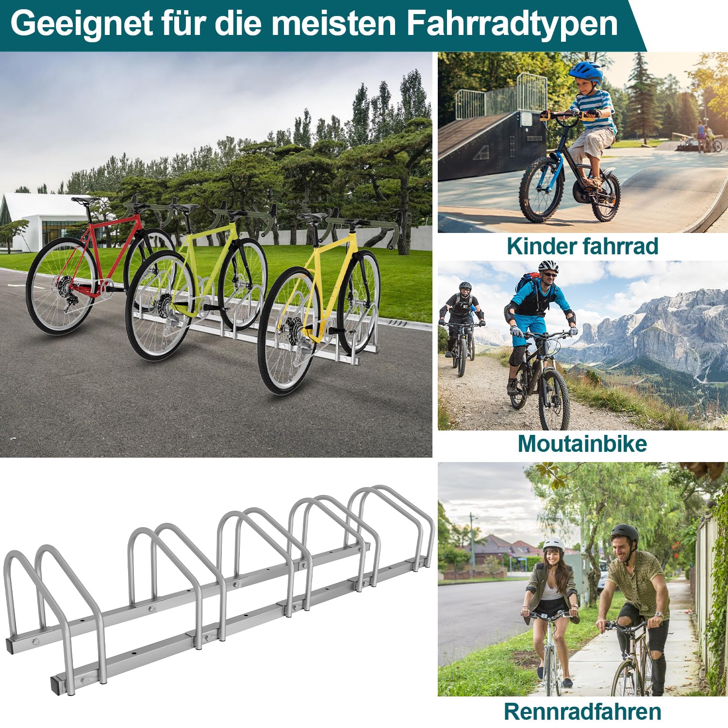 Ansobea Fahrradständer für 3 Fahrräder 35-55 mm Reifenbreite,Fahrradständer Boden,Fahrrad Ständer Einfache Montage Fahrradständer Stahl Verzinkt,Fahrradständer Mountainbike 70.5x32x26cm Silber