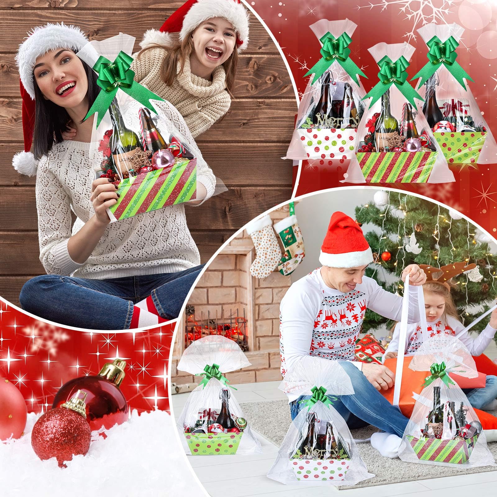 Yeaqee 36 cestas vacías de regalo de Navidad de 8 x 10 pulgadas, 12 unidades, color rojo y verde, con lazos verdes, a granel, caja de regalo de Navidad para Navidad, vacaciones, bodas, aniversarios,
