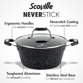 Scoville NEVERSTICK 24cm Stock Pot with Lid, Small Non-Stick Deep Cooking Pot, 3.5L, Suitable for All Hobs Including Induction, Cool Touch Handles, Dishwasher Safe, PFOA Free, Aluminium, Black