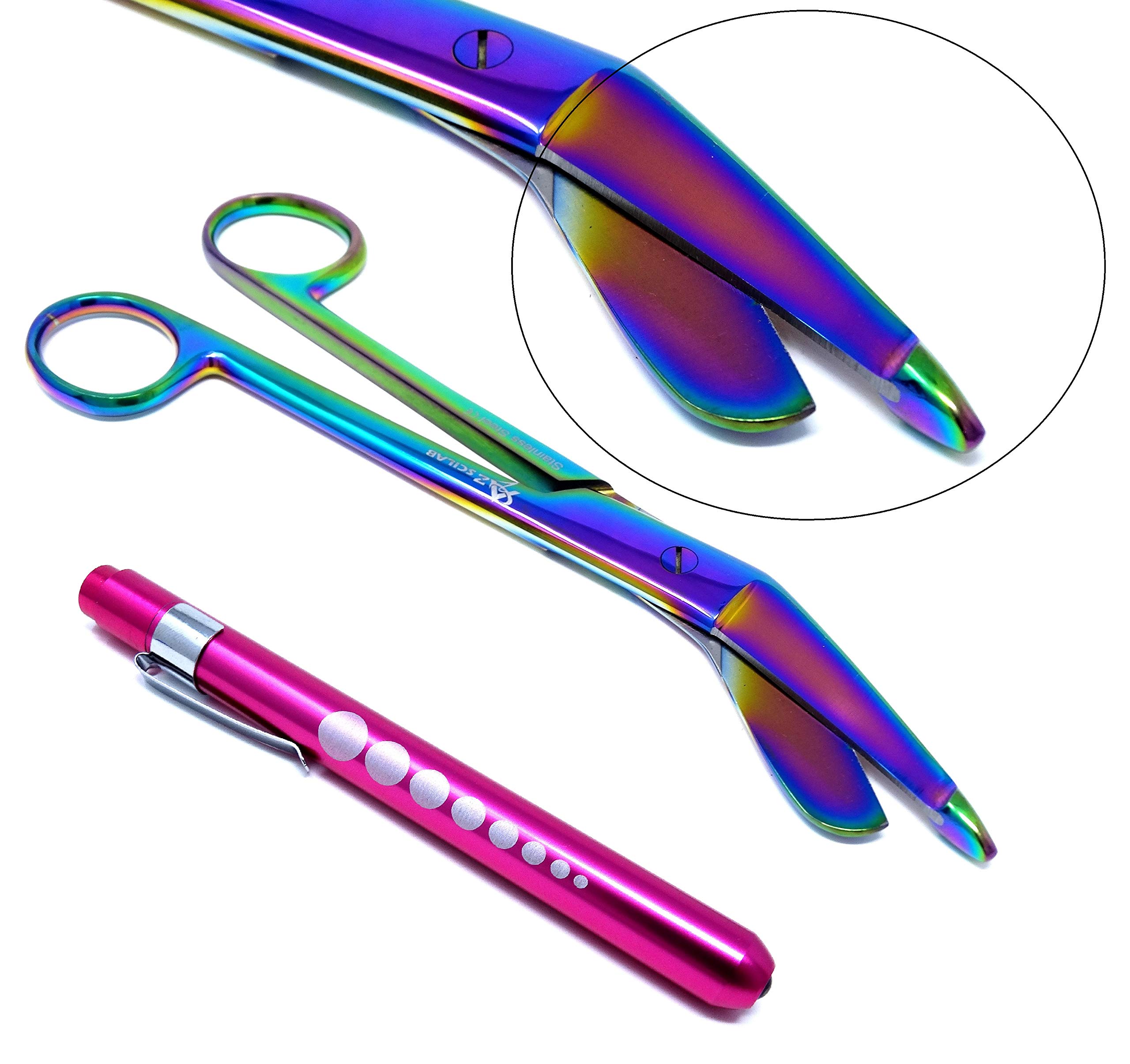 Heavy Duty Reusable Penlight + Multi Rainbow Color Nurse Doctor Medical Lister Bandage Scissors Shears (A2ZSCILAB) (PINK + Bandage Scissors 7.25