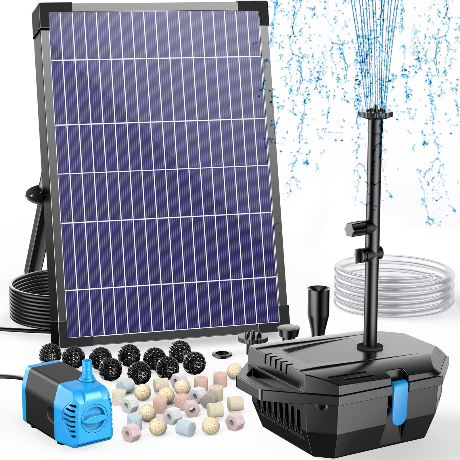 Antfraer 12W Solar Fountain Pump &amp; Pond Filter Kit – Integrated Filtration System with 4 Nozzles, 6.6FT PVC Tubing Pond Filter for Outdoor Ponds, Gardens, Waterfalls, Fountains