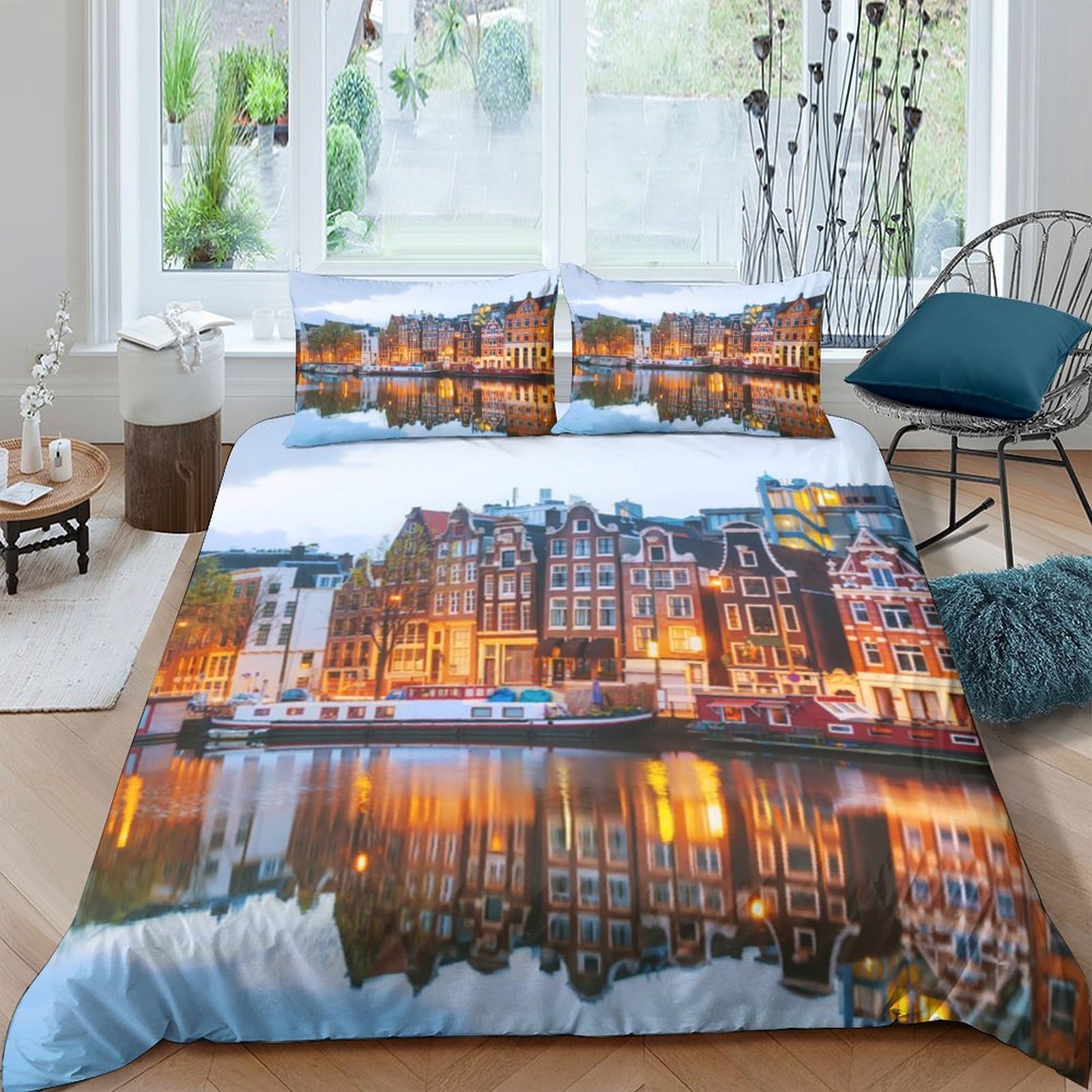 Ctjqhvkz Style-7 3D Printed Amsterdam Canal Night Fitted Sheet Microfiber Soft Breathable Cityscape Mattress Cover Bedroom Decor Single（135X200cm）
