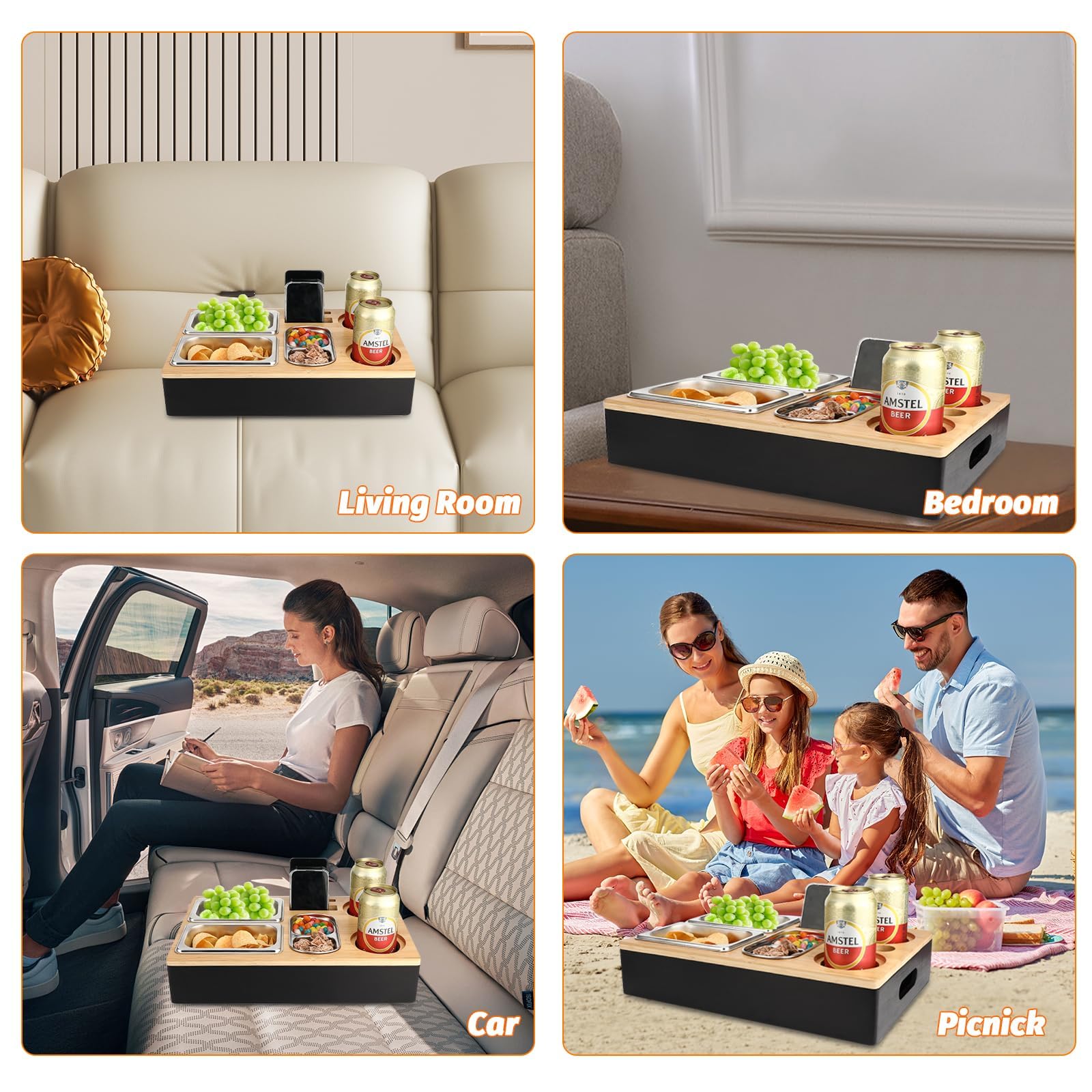 Auauraintt Sofa Tablett, Couchbar Snackbox, Mit Snackschalen Aus Edelstahl,mit Abnehmbarer Deckel, der perfekte Couch Organizer, für Wohnzimmer Sofa Restaurant Picknick Party