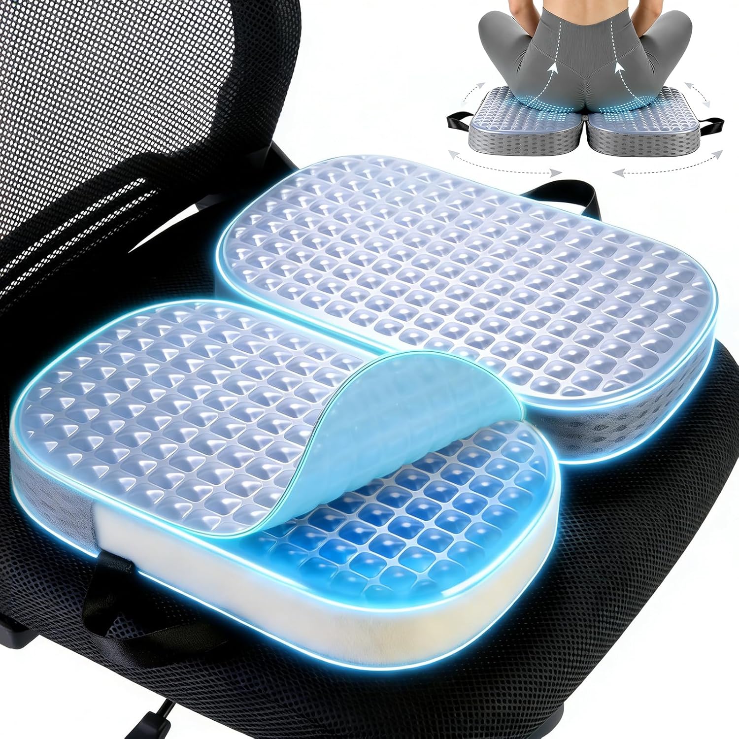 Premium Gel & Memory Foam Seat Cushion, Extra Large Cooling Portable Chair Pad for Long Sitting, Seat Cushion for Office Desk Chair, Car, Wheelchair, Airplane, Outdoor & Long Trips