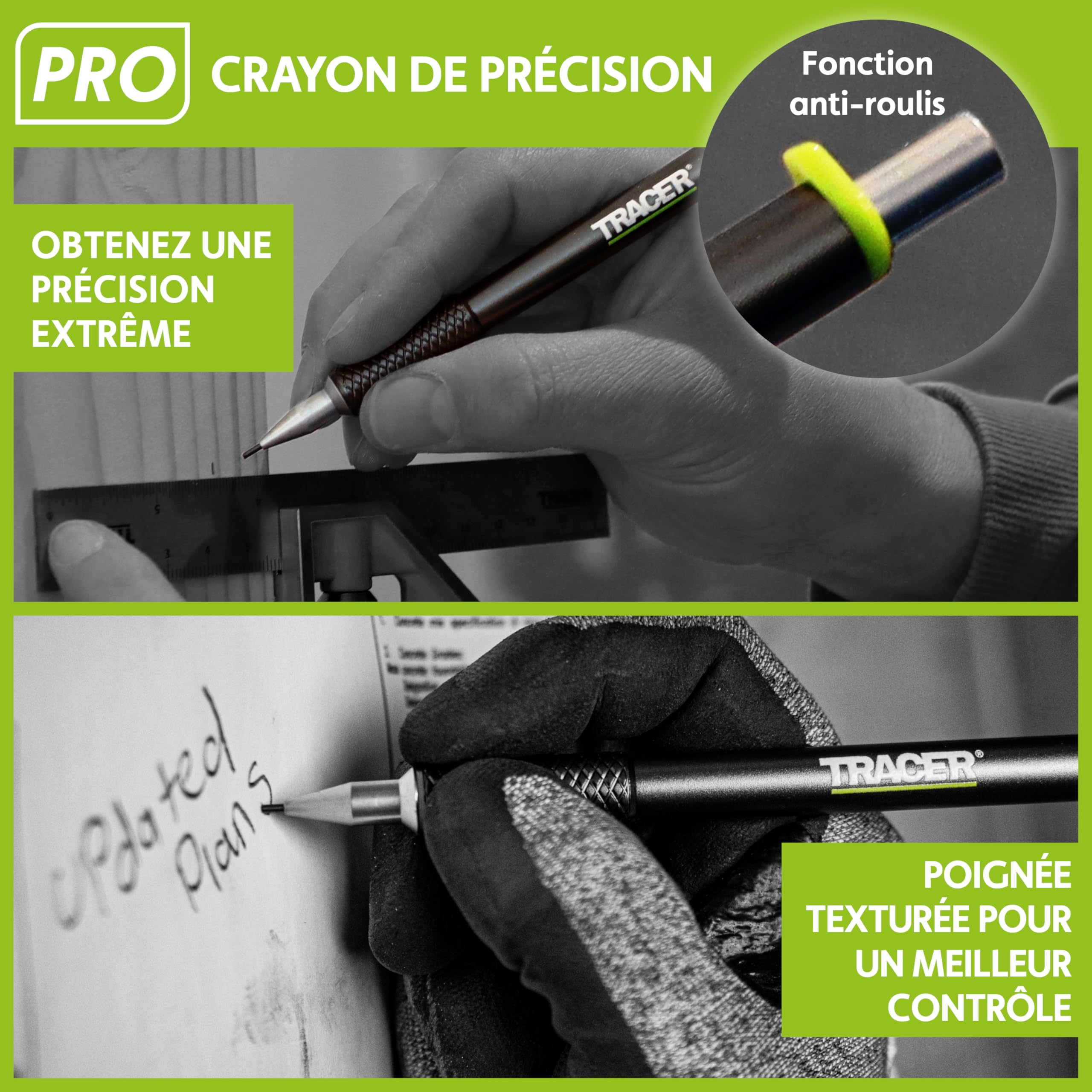 Tracer Pro Series – Kit de 5 marqueurs de construction avec étui de rangement – Crayon de charpentier à trou profond, crayon de précision, crayon résistant et distributeurs de mines de rechange