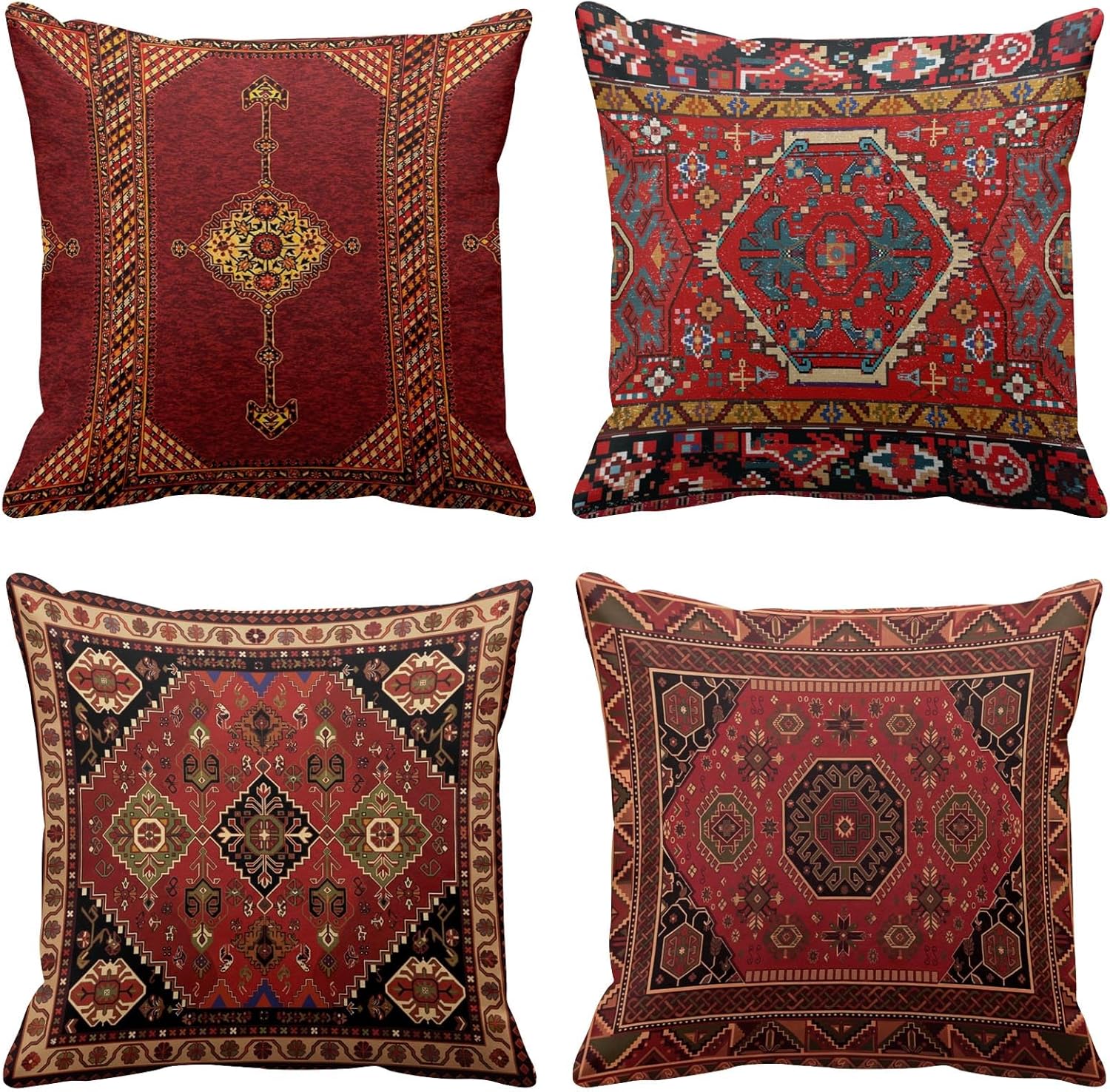 Britimes Throw Pillow Covers Geometric Kilim Moroccan Home Decor Set of 4 Oriental Ikat Pillow Cases Living Room Decorative 16 x 16 Inches Cushion Couch Sofa Pillowcases Colorful Red Tribal