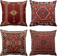 Britimes Red Tribal Geometric Throw Pillow Covers Set of 4 - Soft Velvet 18x18 Moroccan Kilim Ikat Home Decor for Sofa Couch Living Room