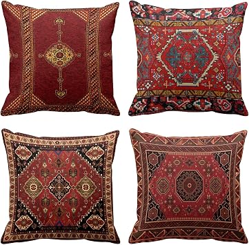 Throw Pillow Covers Set of 4, 16 x 16 Inch, Moroccan | Geometric Kilim Red Tribal Outdoor Decorative Square Pillow Cases Couch Cushion Case for Couch Bed Sofa Parlor Home Decor