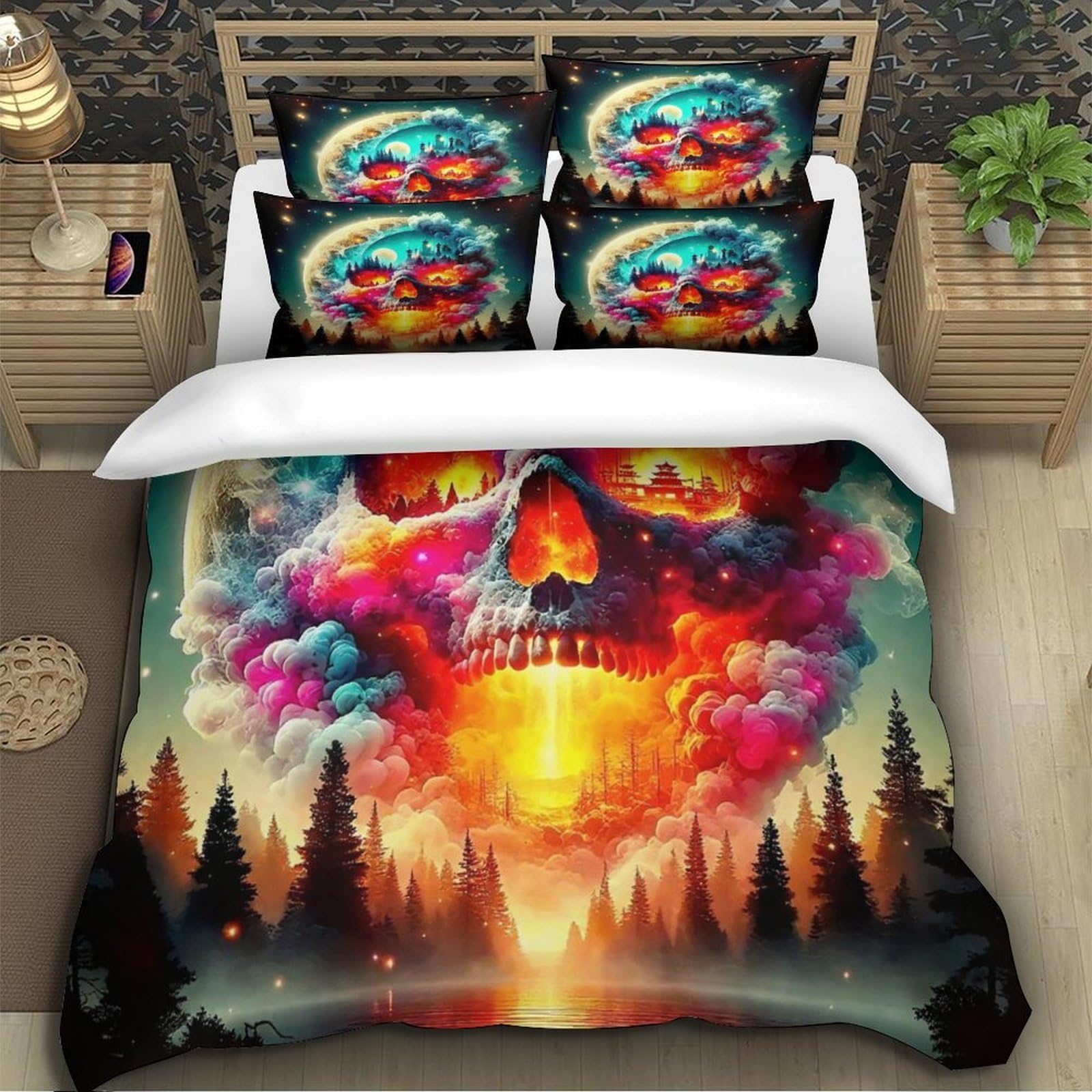 Housse de couette crâne 260x220 cm avec taies en microfibre