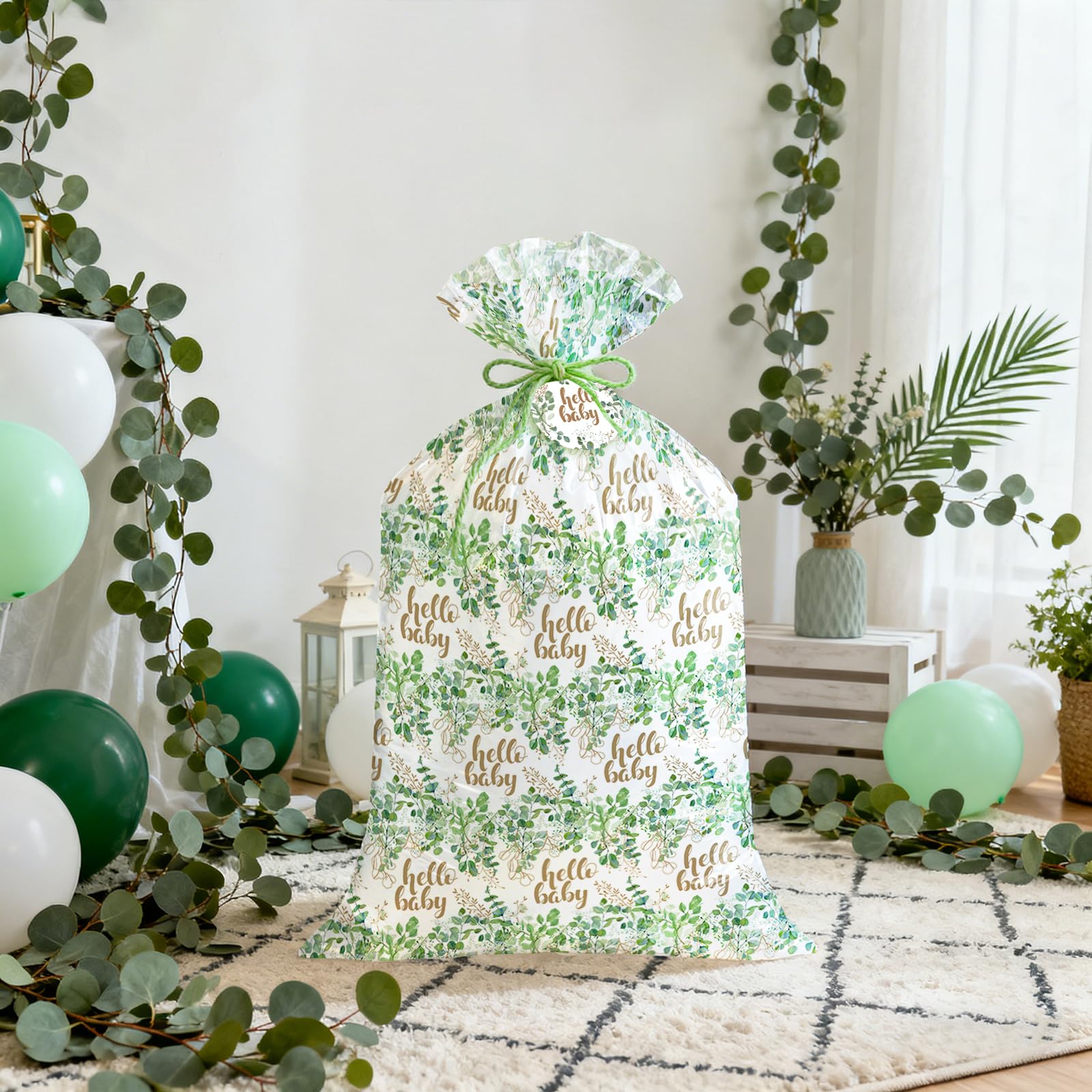 WRAPAHOLIC 56" Extra Large Neutral Baby Plastic Gift Bag - Eucalyptus Leaves Jumbo Bike Bag Gift Wrap for Baby Shower Favors Holiday - 56" H x 36" W
