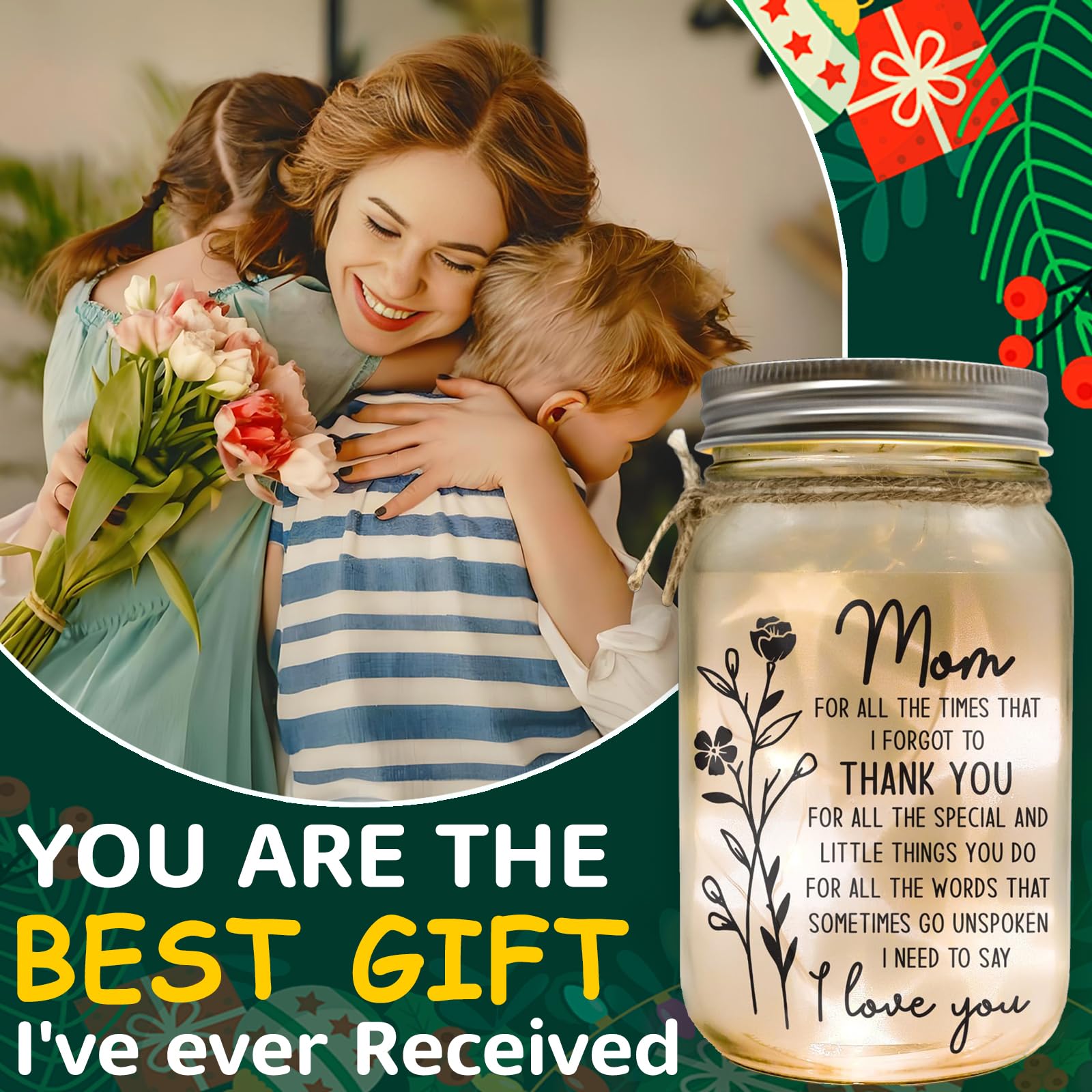 TOPMELON Mom Brithday Mothers Day Gifts from Daughter, Son, Kids, Christmas Mason Jars Night Light, Sentimental Gifts for Mom