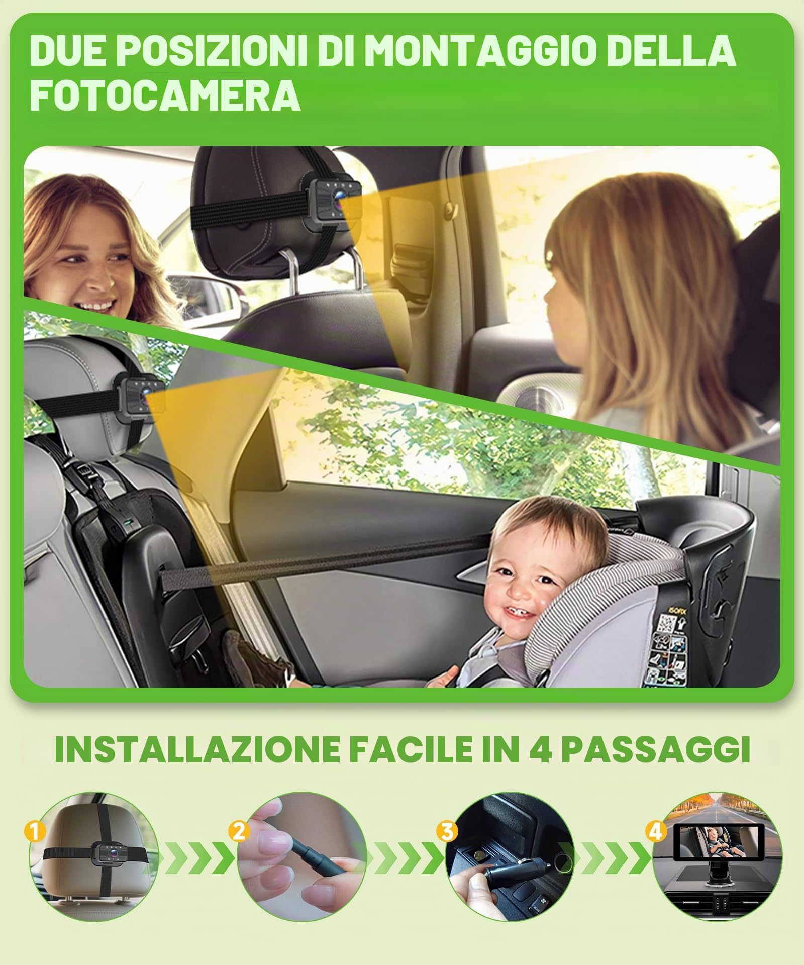 VECHTEL Sedile posteriore per bambini telecamera con schermo diviso da 6,86 pollici HD 720P,on Carplay Android Auto, telecamera auto con visione notturna e rotazione a 360,con a ventosa/64 GB SD