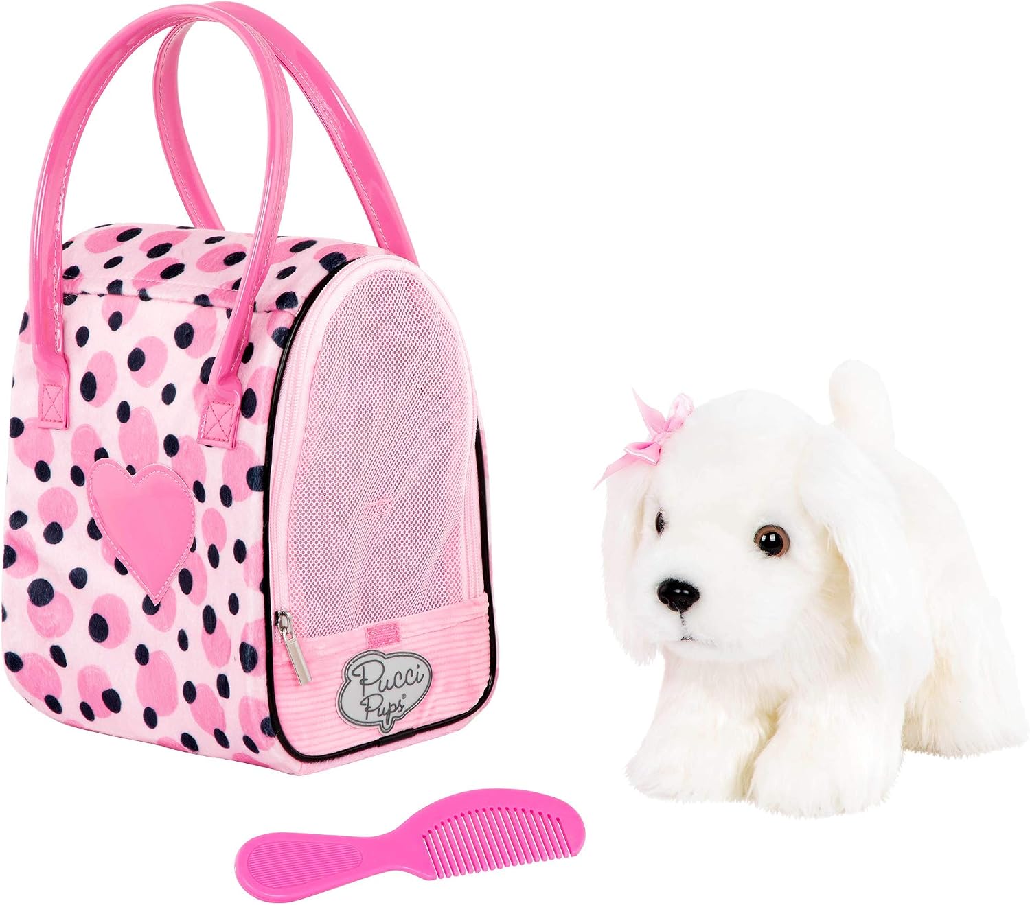 Pucci Pups by Battat Pink Polka Dot Glam Bag with Maltese Pup – Plush Toy Dog with Carrying Dog Bag – Plush Dog for Kids Aged 3 and Up, 8 inches