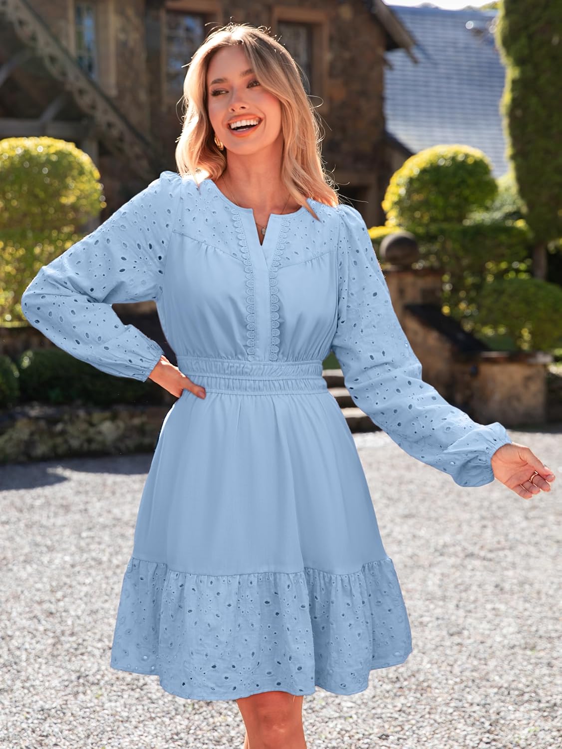 Simplee Womens Eyelet Long Sleeve Mini Dress 2025 Fall Boho Embroidery V Neck A Line Casual Short Party Dresses - Image 6