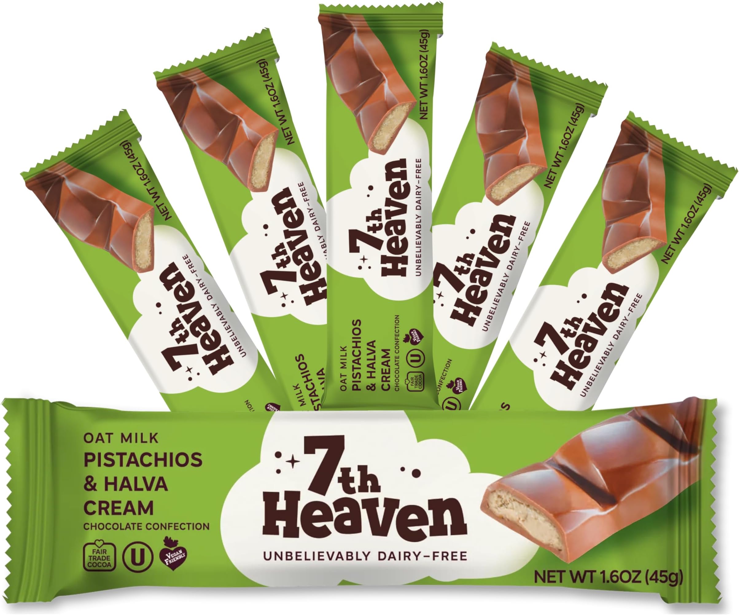 Vegan Oat Milk Chocolate Snack Bars: Pistachio & Halva Cream - (1.6 oz - 6 Pack), Healthy Chocolate, Perfect Valentines Gift For Your Loved Ones, 100% Dairy Free, Non GMO, Kosher Parve, Cruelty Free, Fair Trade Cocoa